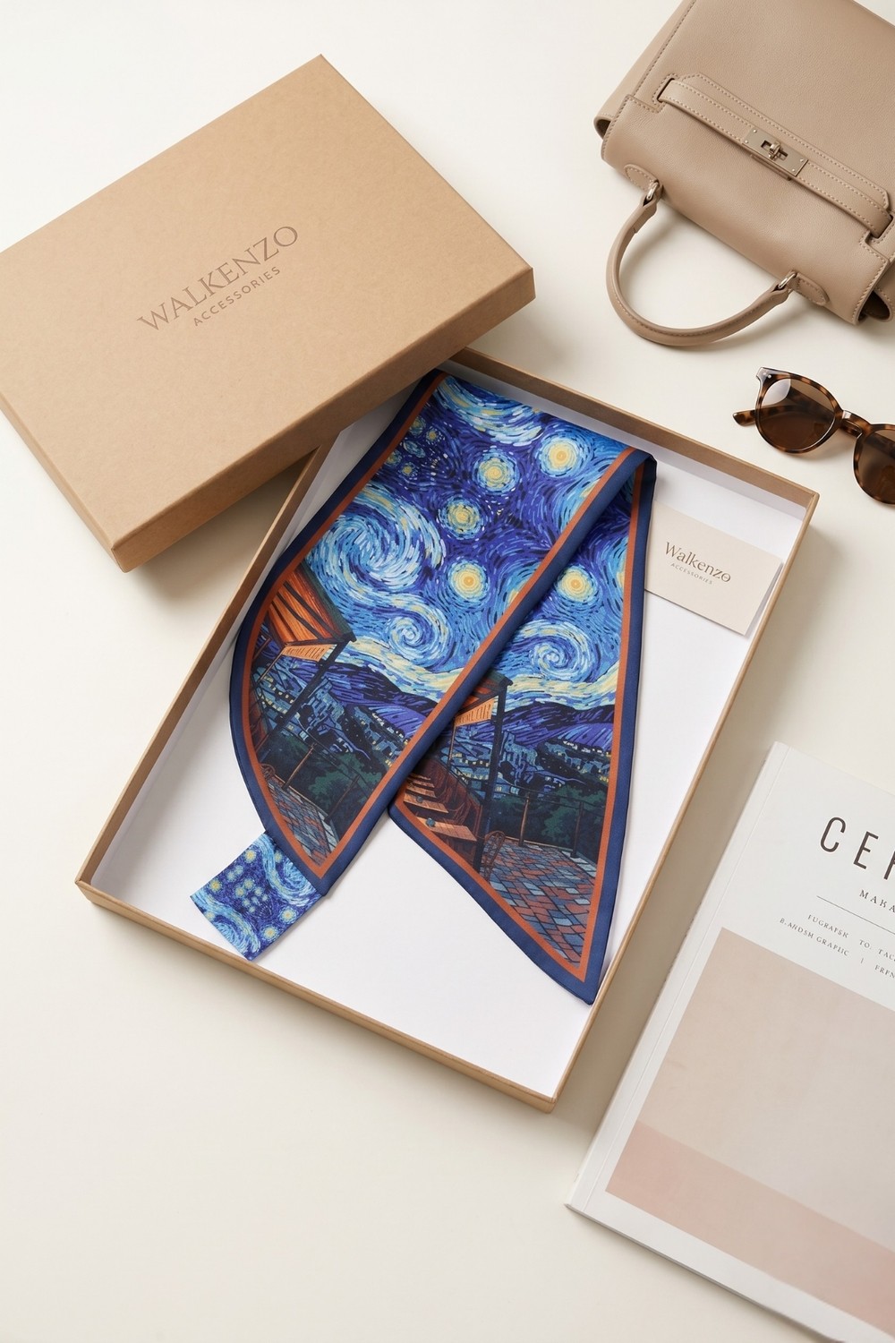 Walkenzo Van Gogh Kafe Terasta Gece Desenli Ipeksi Dokulu Kravat Fular, Boyun Fuları görsel 2