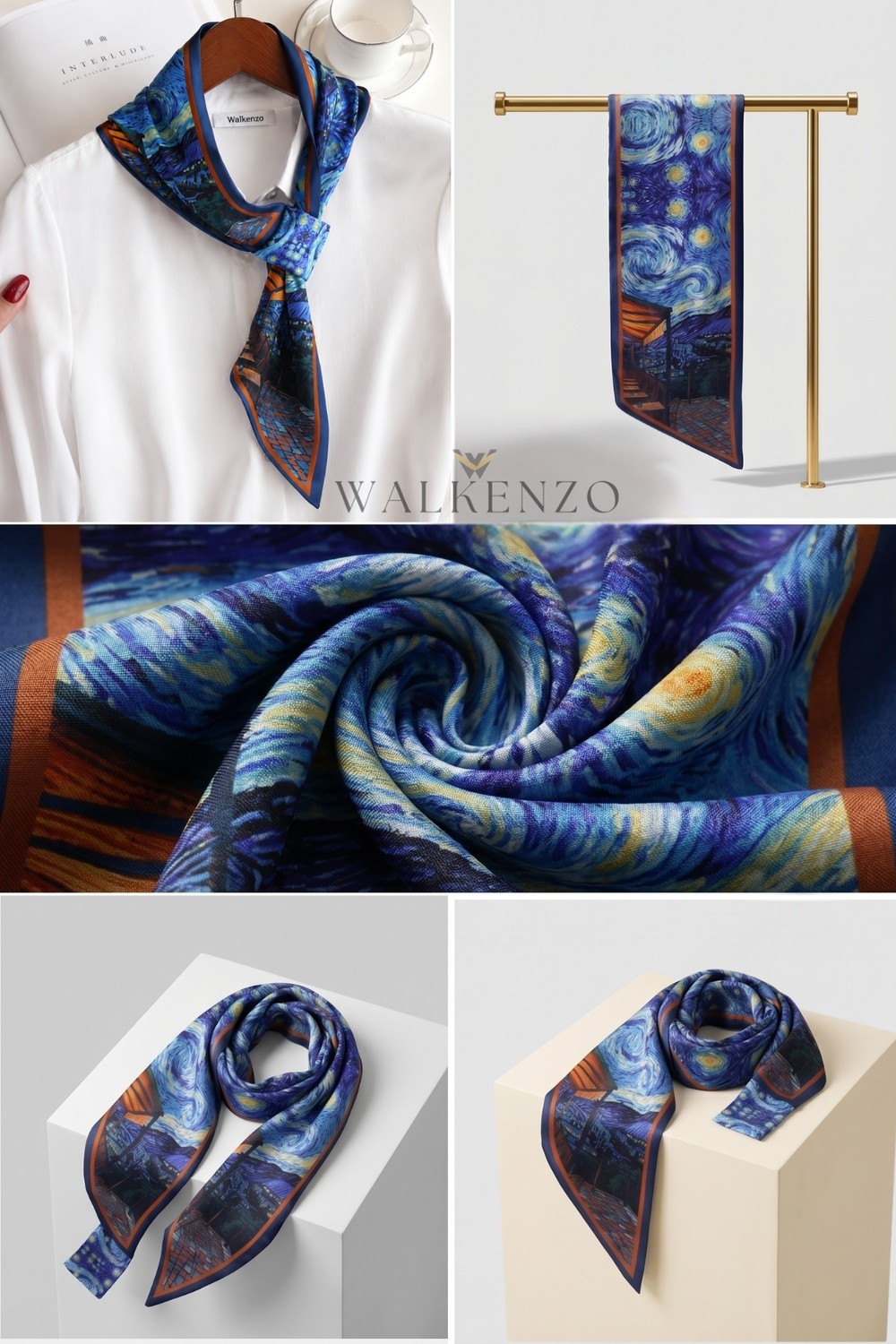 Walkenzo Van Gogh Kafe Terasta Gece Desenli Ipeksi Dokulu Kravat Fular, Boyun Fuları görsel 7