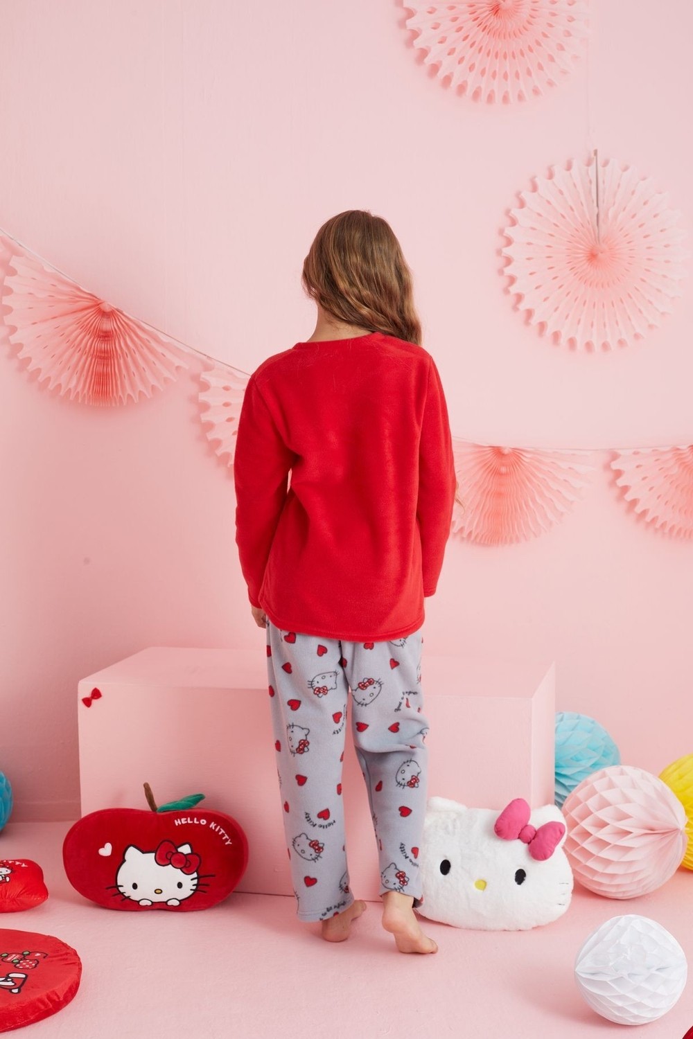Siyah İnci Hello Kitty Lisanslı Polar Kırmızı Çok Renkli Nakışlı Bisklet Yaka Pijama Takım HK310 görsel 5