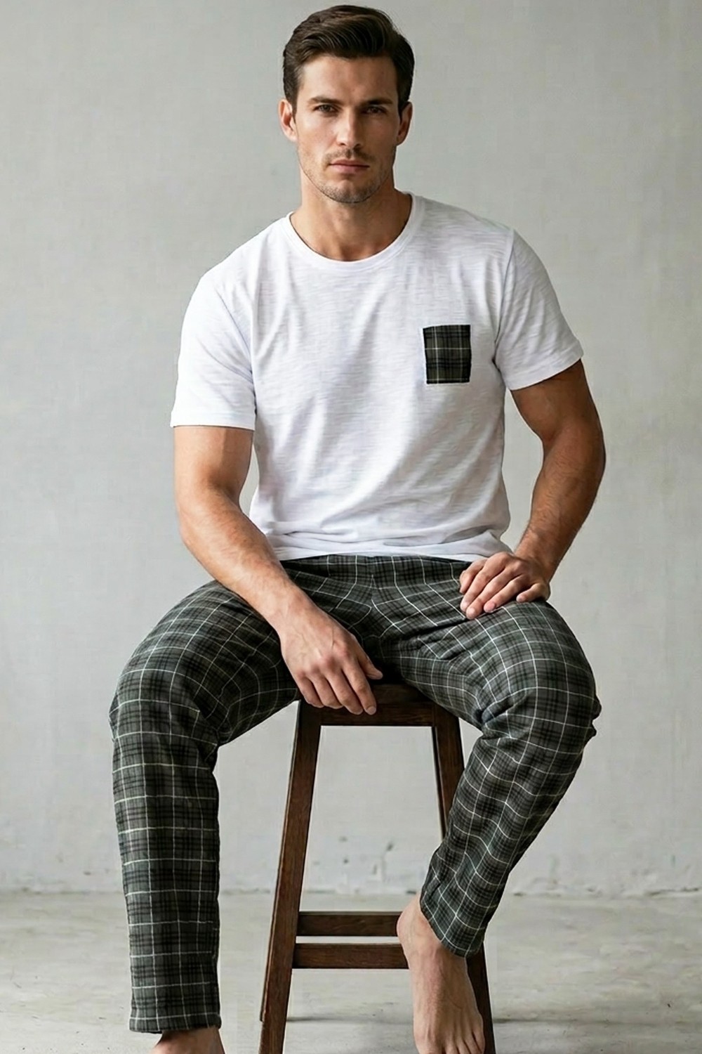 Siyah İnci Ekru Haki Ekose Desenli Cep Nakışlı Örme Kısa Kollu Pijama Takım 8000