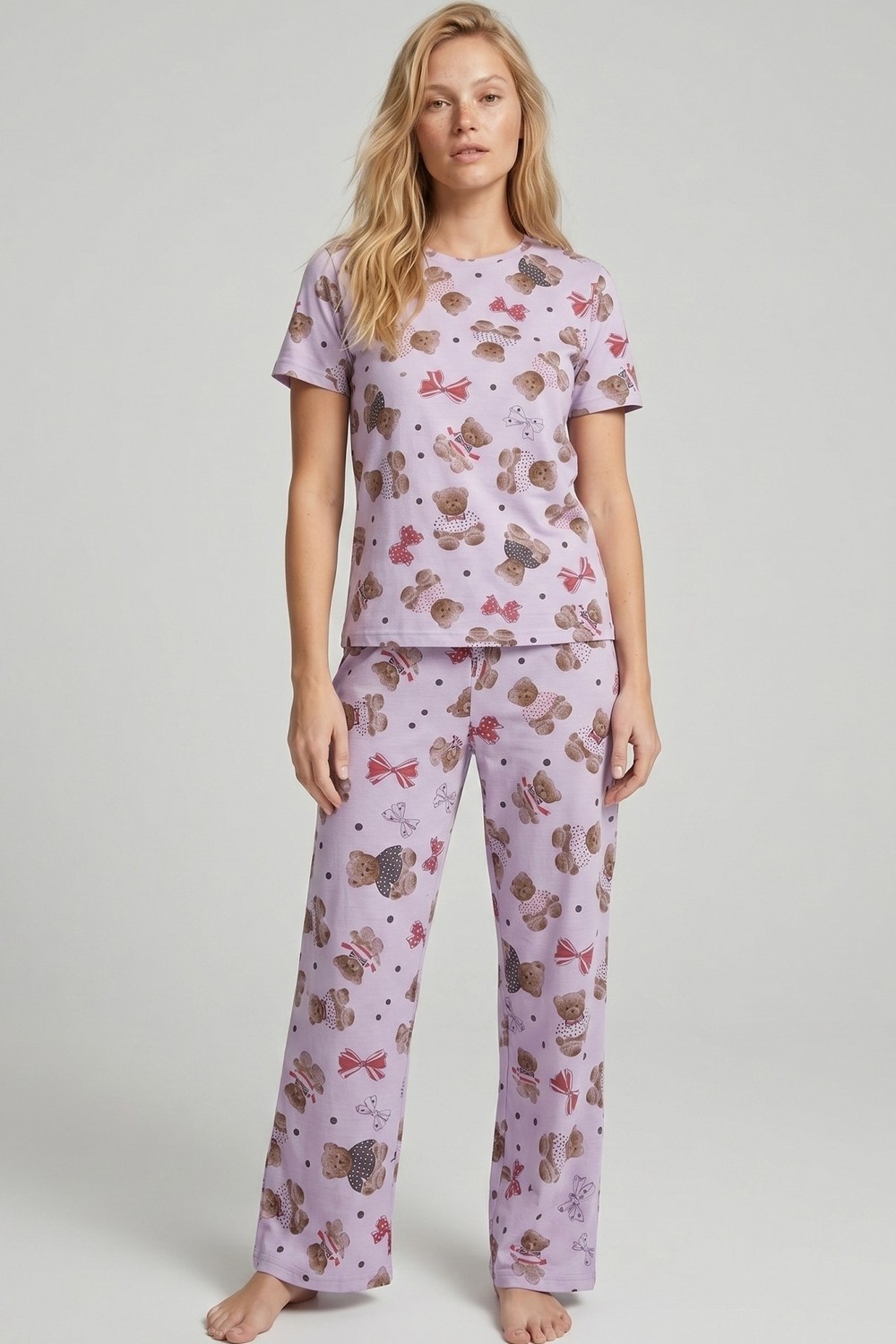 Siyah İnci Lila Ayıcık Desenli Mevsimlik Ince Örme Pijama Takım 8017 görsel 2