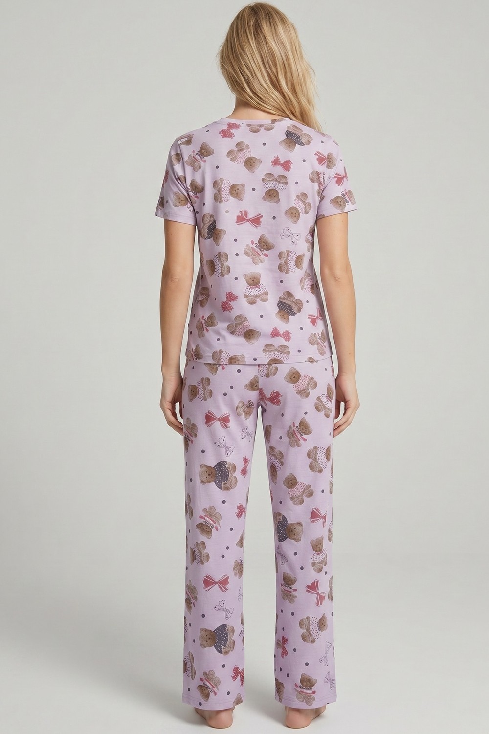 Siyah İnci Lila Ayıcık Desenli Mevsimlik Ince Örme Pijama Takım 8017 görsel 3