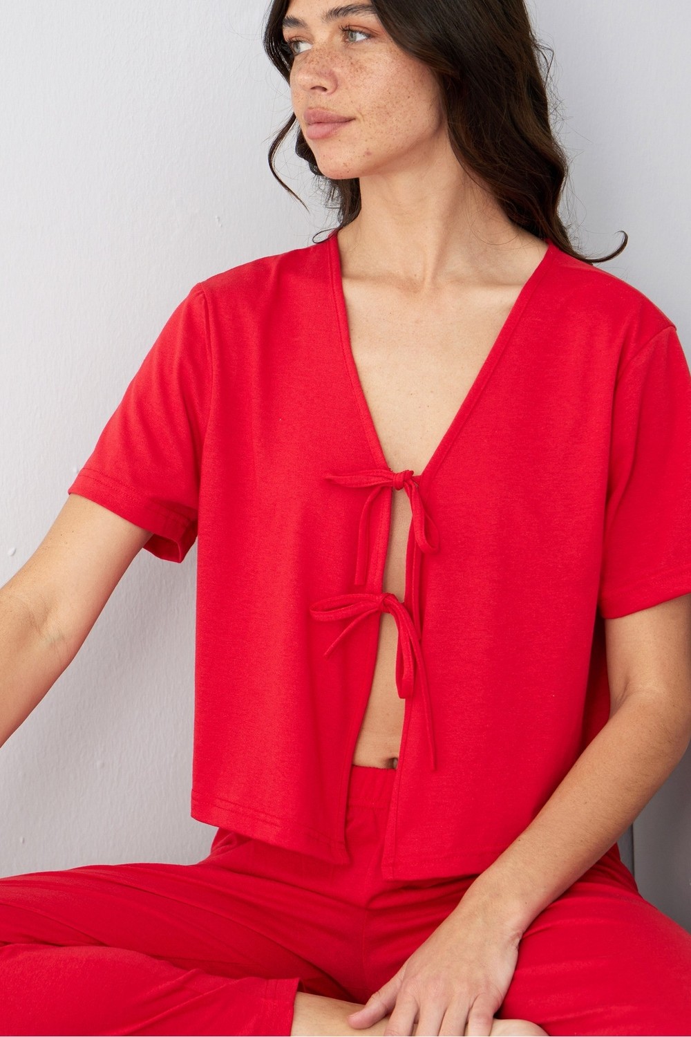Siyah İnci Bordo Bağlamalı Örme Pijama TAKIM7889