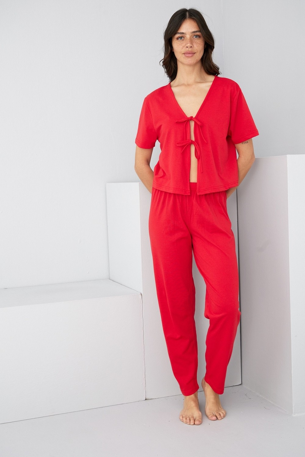 Siyah İnci Bordo Bağlamalı Örme Pijama TAKIM7889 görsel 2