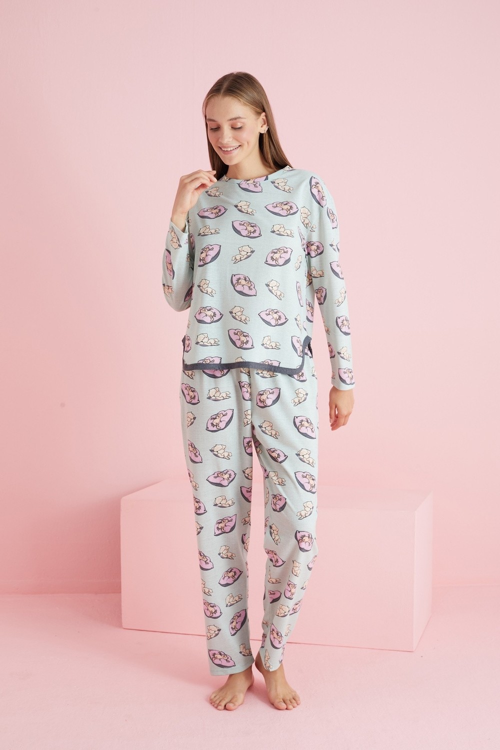 Siyah İnci Yeşil Pembe Yastık Desenli Biyeli Örme Pijama Takım 7777 görsel 2