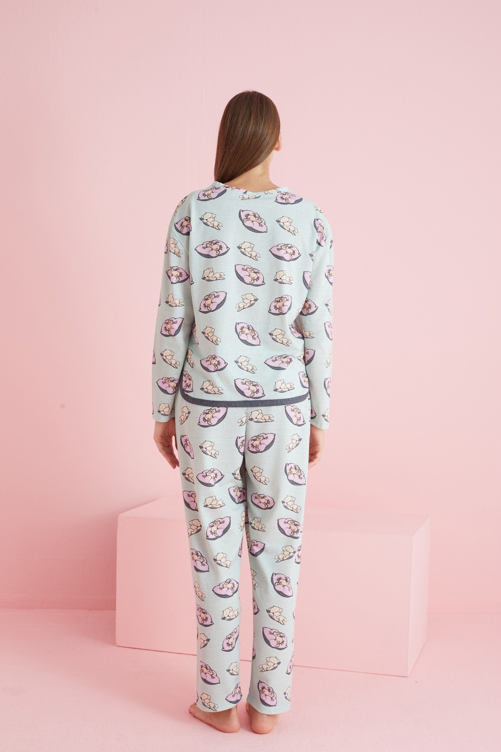 Siyah İnci Yeşil Pembe Yastık Desenli Biyeli Örme Pijama Takım 7777 görsel 3