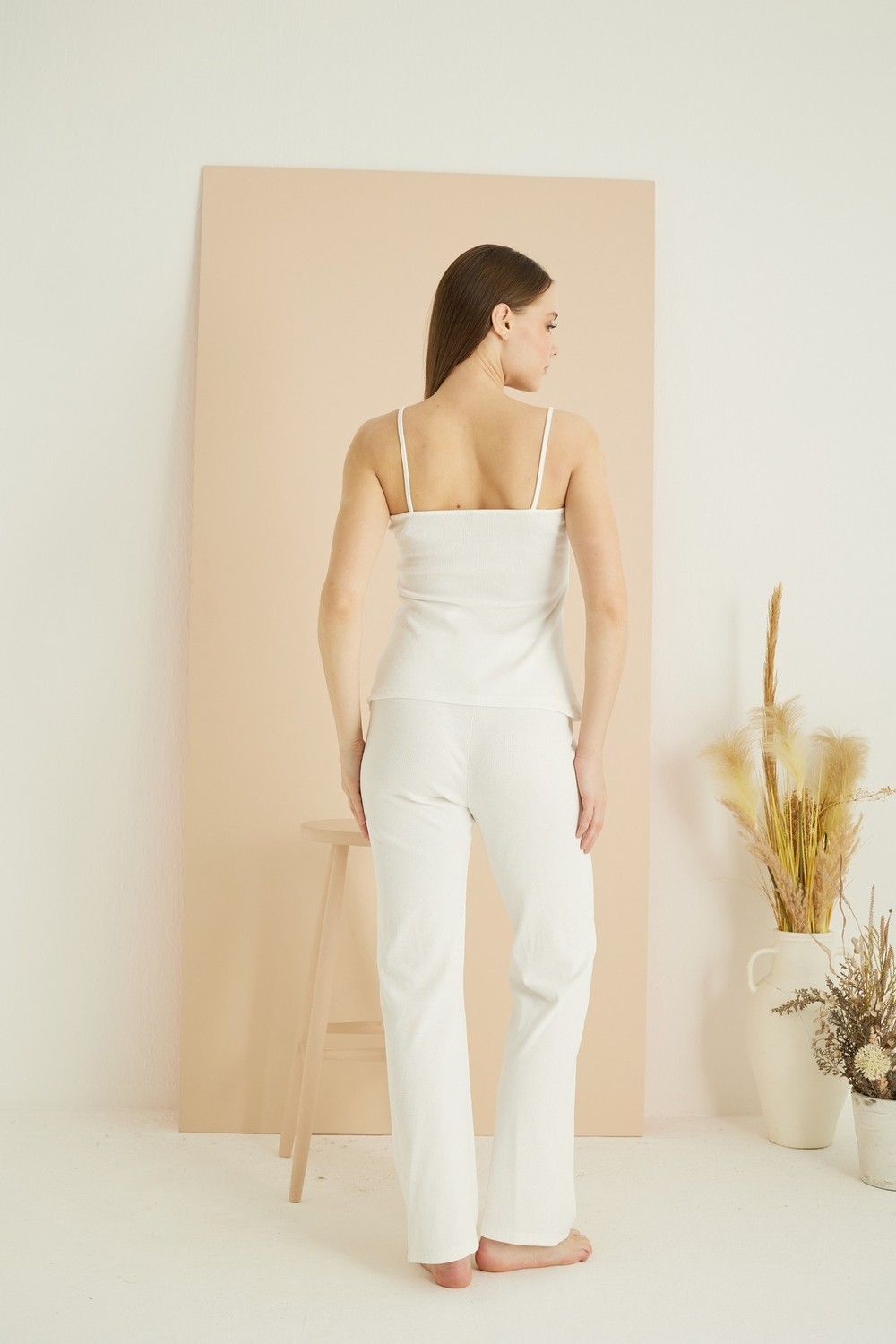 Siyah İnci Ekru Ip Askılı Bağlamalı Fitilli Kaşkorse Örme Pijama Takım 7823 görsel 4