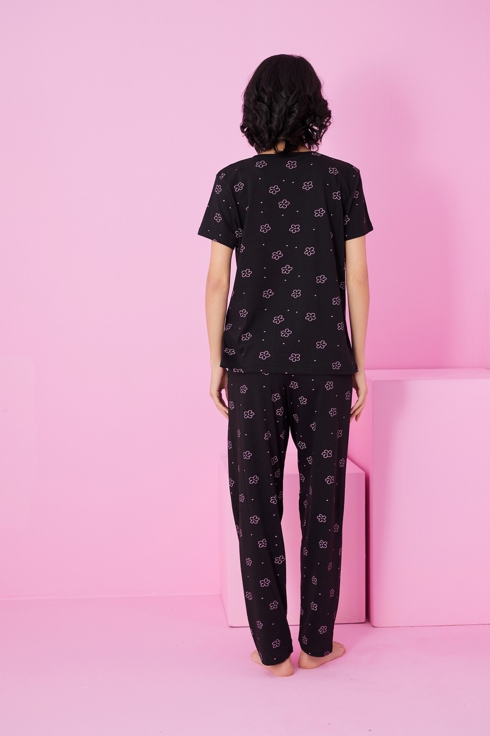 Siyah İnci Siyah Pembe Çiçek Baskılı Bisiklet Yaka Örme Pijama Takım görsel 3