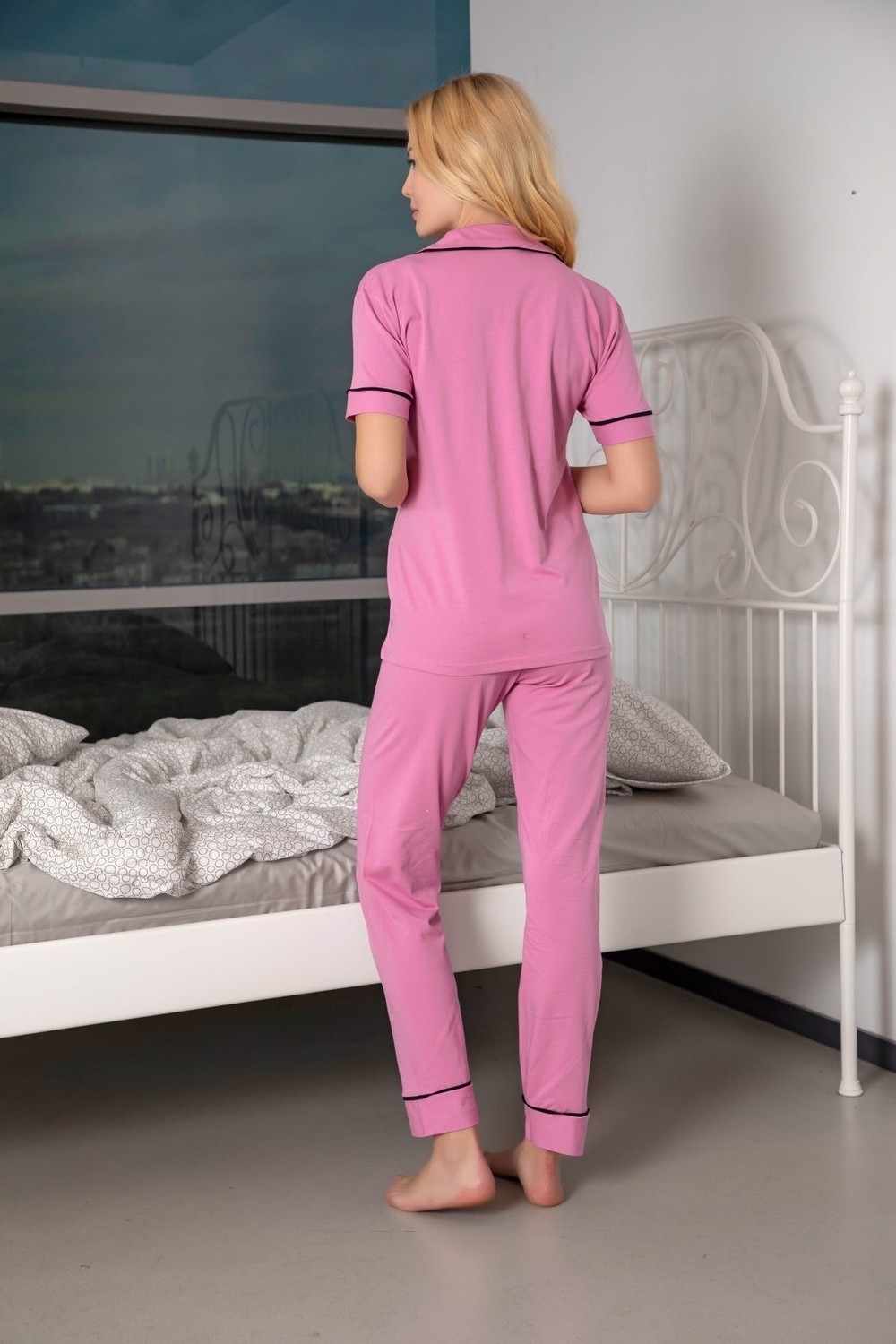 Siyah İnci Kadın Antrasit-Somon Kısa Kollu Pamuklu Düğmeli Biyeli Pijama Takım görsel 2