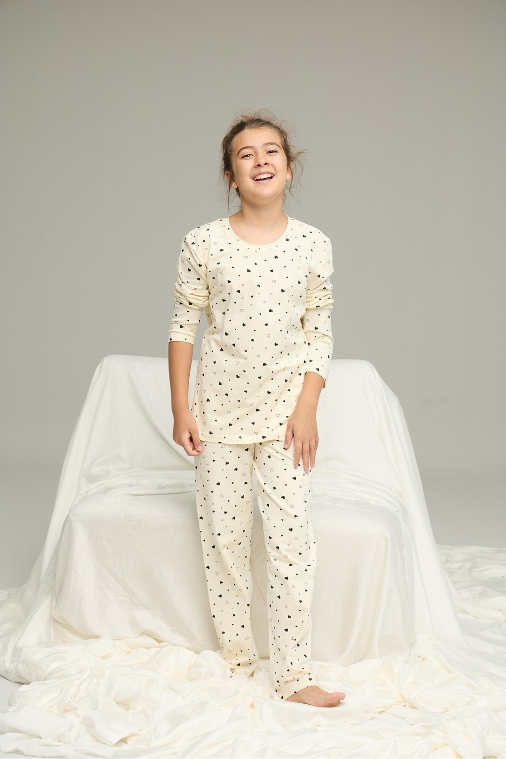 Siyah İnci Ekru Kalp Desenli Pamuklu Bisiklet Yaka Örme Pijama TAKIM25241142 görsel 5