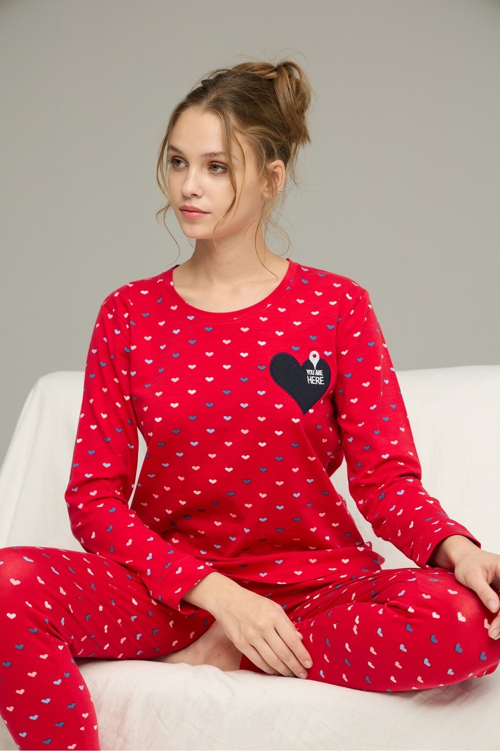 Siyah İnci Kırmızı Kalp Desenli Pamuklu Bisiklet Yaka Örme Pijama TAKIM25241153 görsel 2