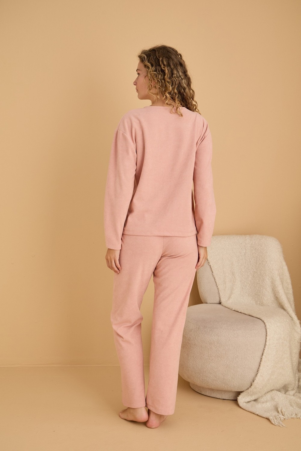Siyah İnci Pudra Nakışlı Havlu Kumaş Örme Pijama TAKIM25226008 görsel 3
