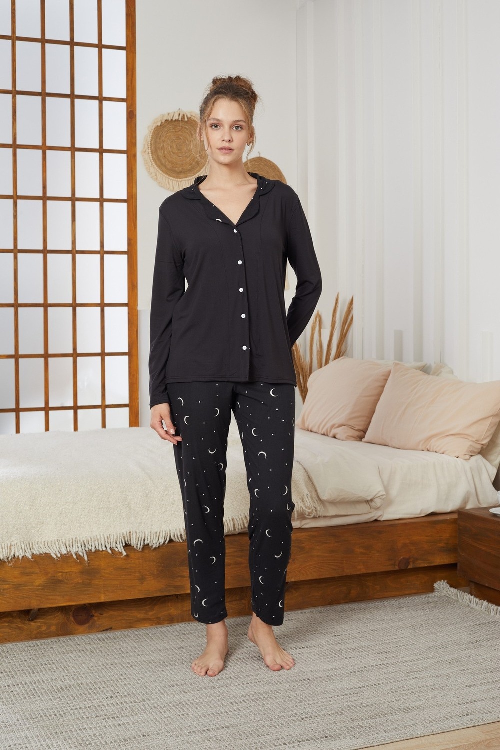 Siyah İnci Siyah Yıldız Desenli Gömlek Yaka Düğmeli Milan Örme Pijama TAKIM25224011 görsel 2