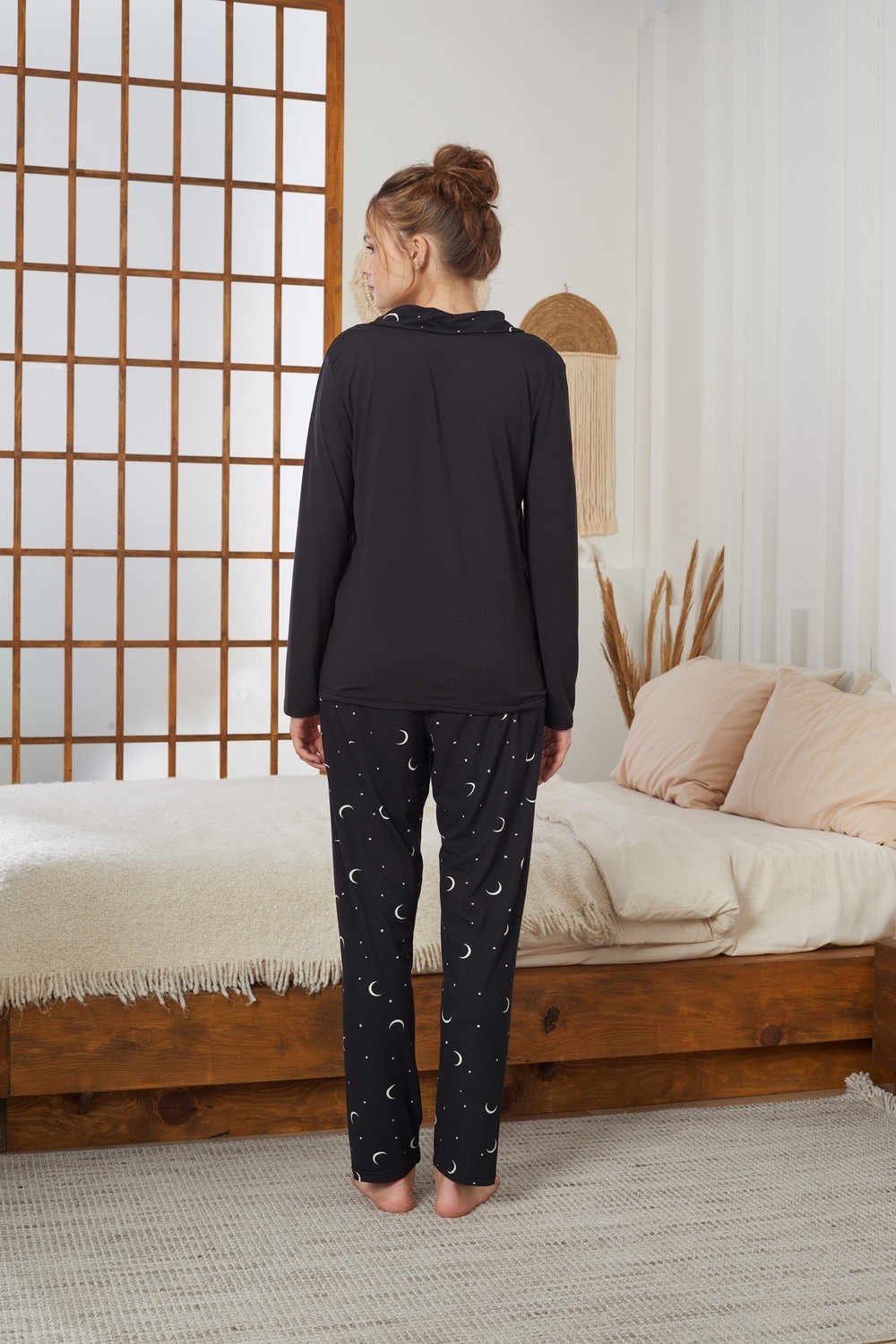 Siyah İnci Siyah Yıldız Desenli Gömlek Yaka Düğmeli Milan Örme Pijama TAKIM25224011 görsel 3