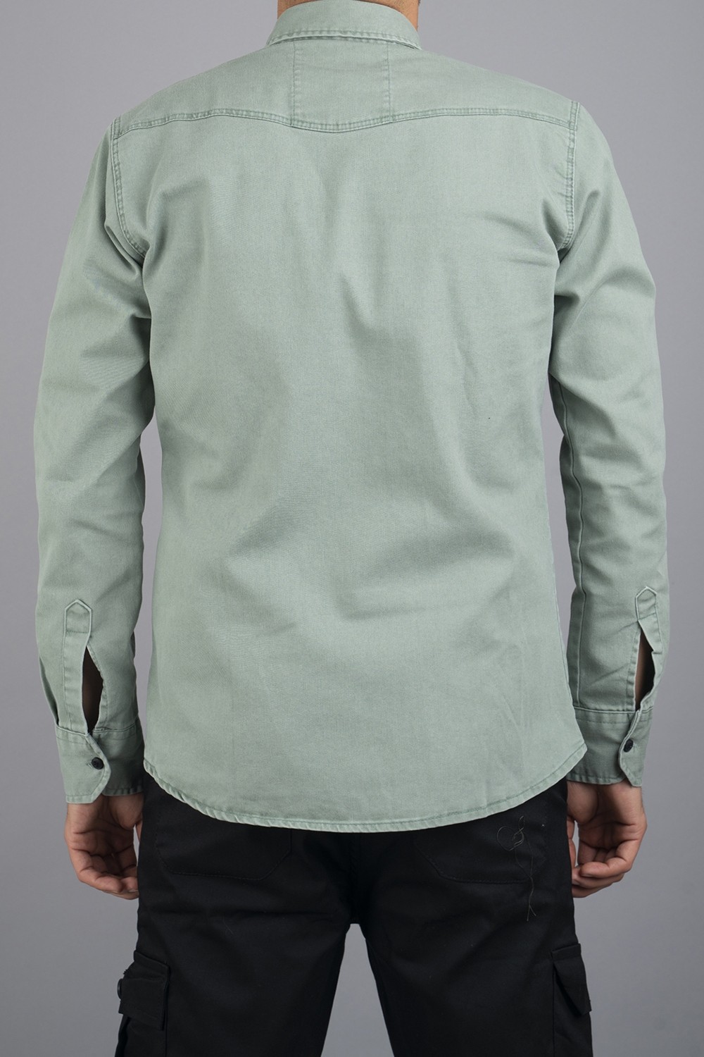 Bombe Slim Fit Erkek Kot Gömlek Su Yeşili görsel 4