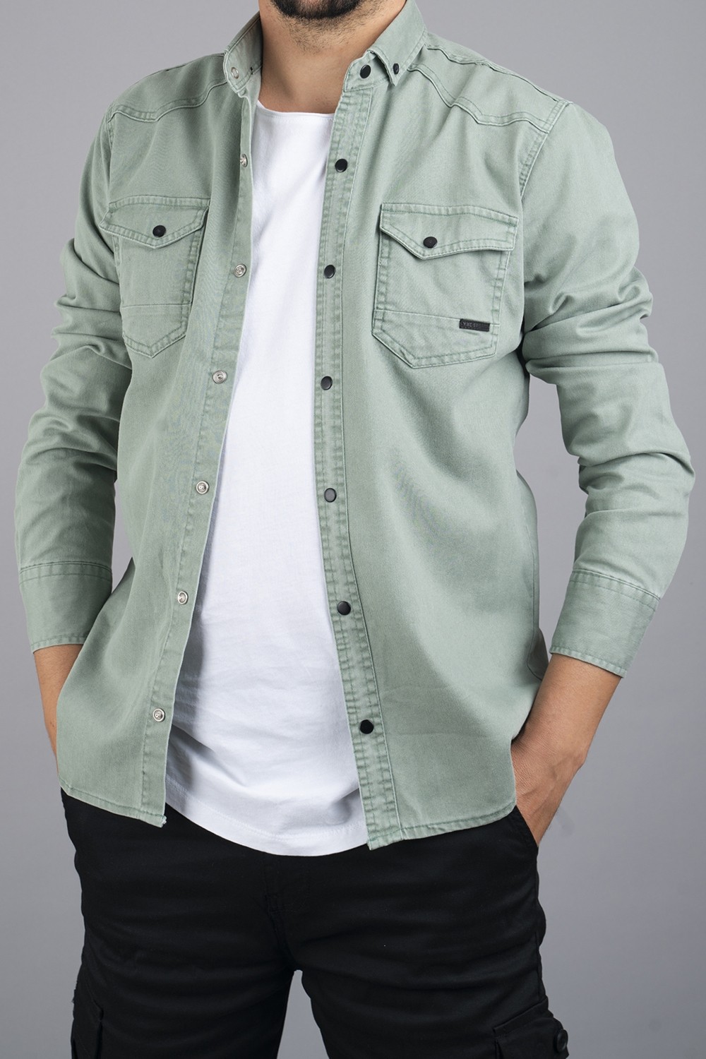 Bombe Slim Fit Erkek Kot Gömlek Su Yeşili görsel 5