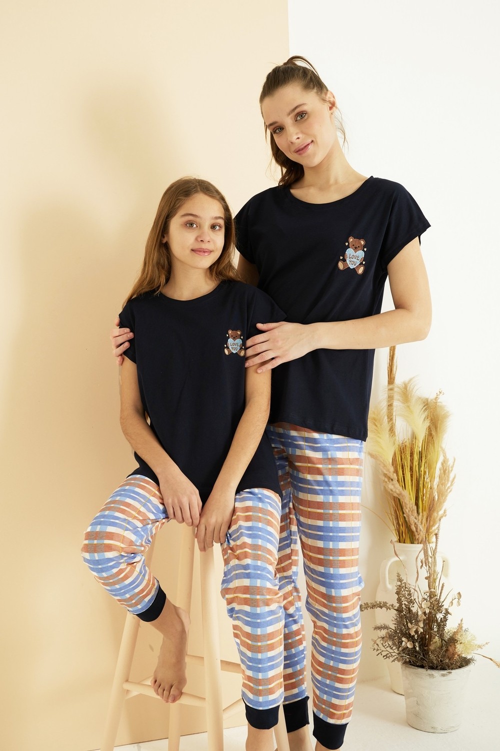 Siyah İnci Lacivert Desenli Pamuklu Bisiklet Yaka Örme Pijama TAKIM25107135