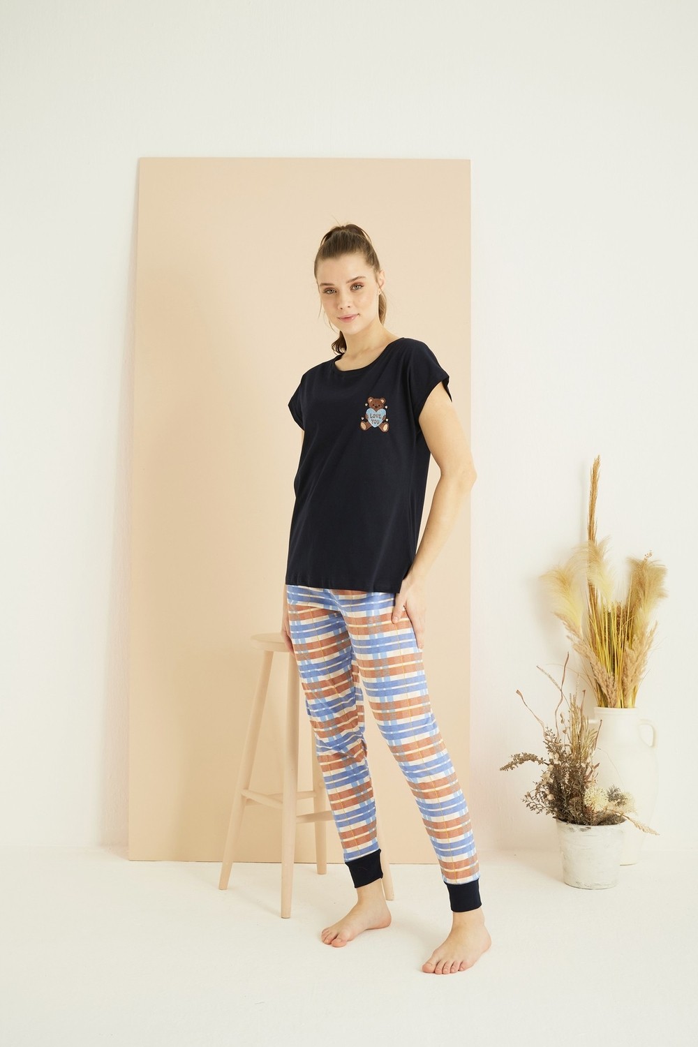 Siyah İnci Lacivert Desenli Pamuklu Bisiklet Yaka Örme Pijama TAKIM25107135 görsel 2