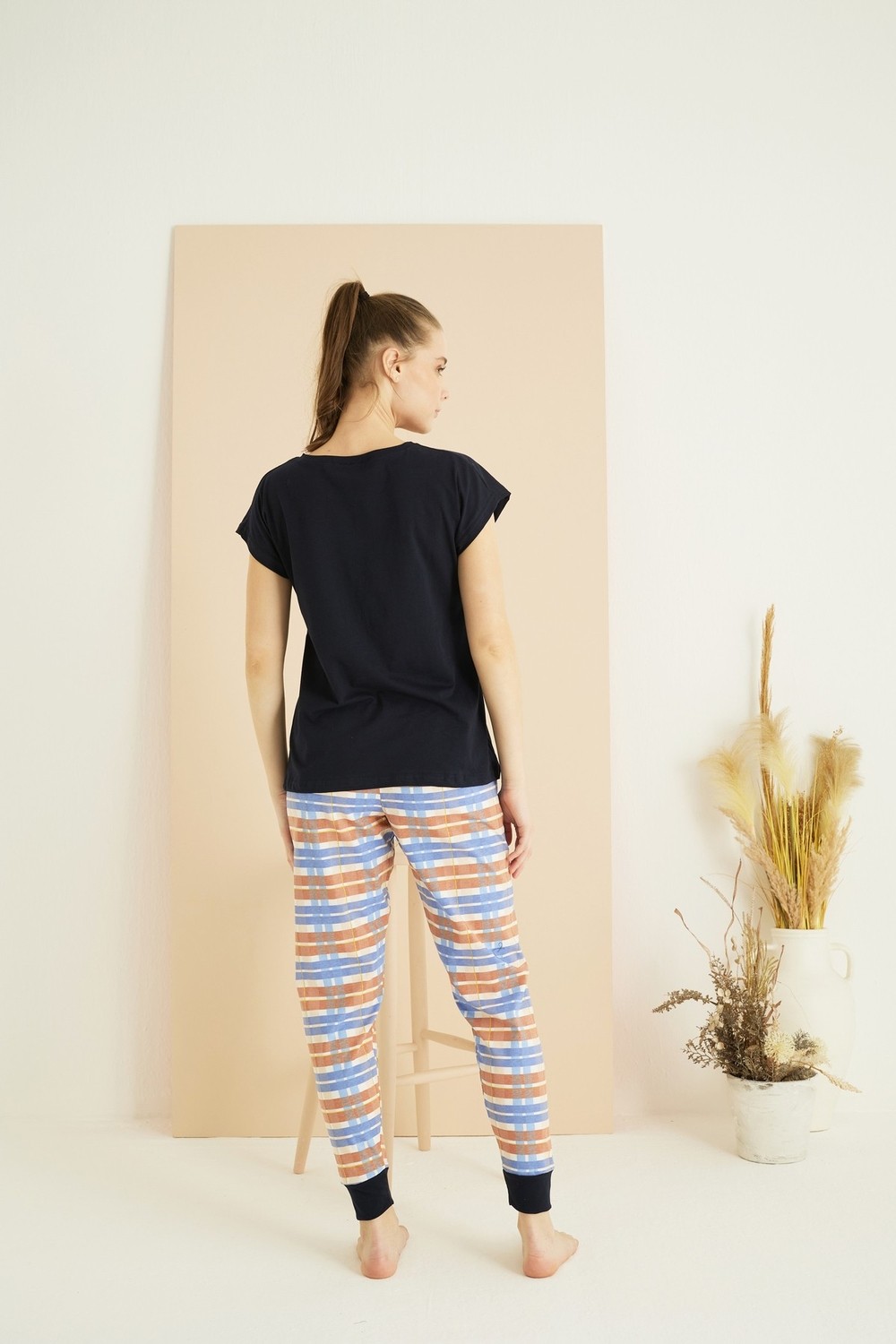 Siyah İnci Lacivert Desenli Pamuklu Bisiklet Yaka Örme Pijama TAKIM25107135 görsel 4