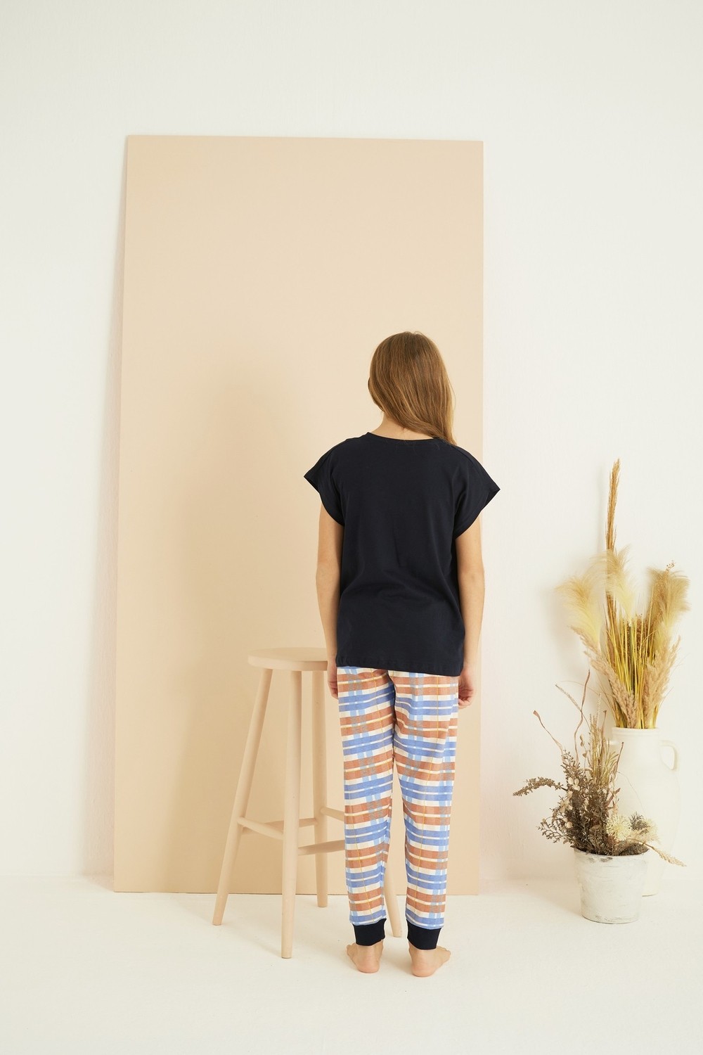 Siyah İnci Lacivert Desenli Pamuklu Bisiklet Yaka Örme Pijama TAKIM25107135 görsel 5