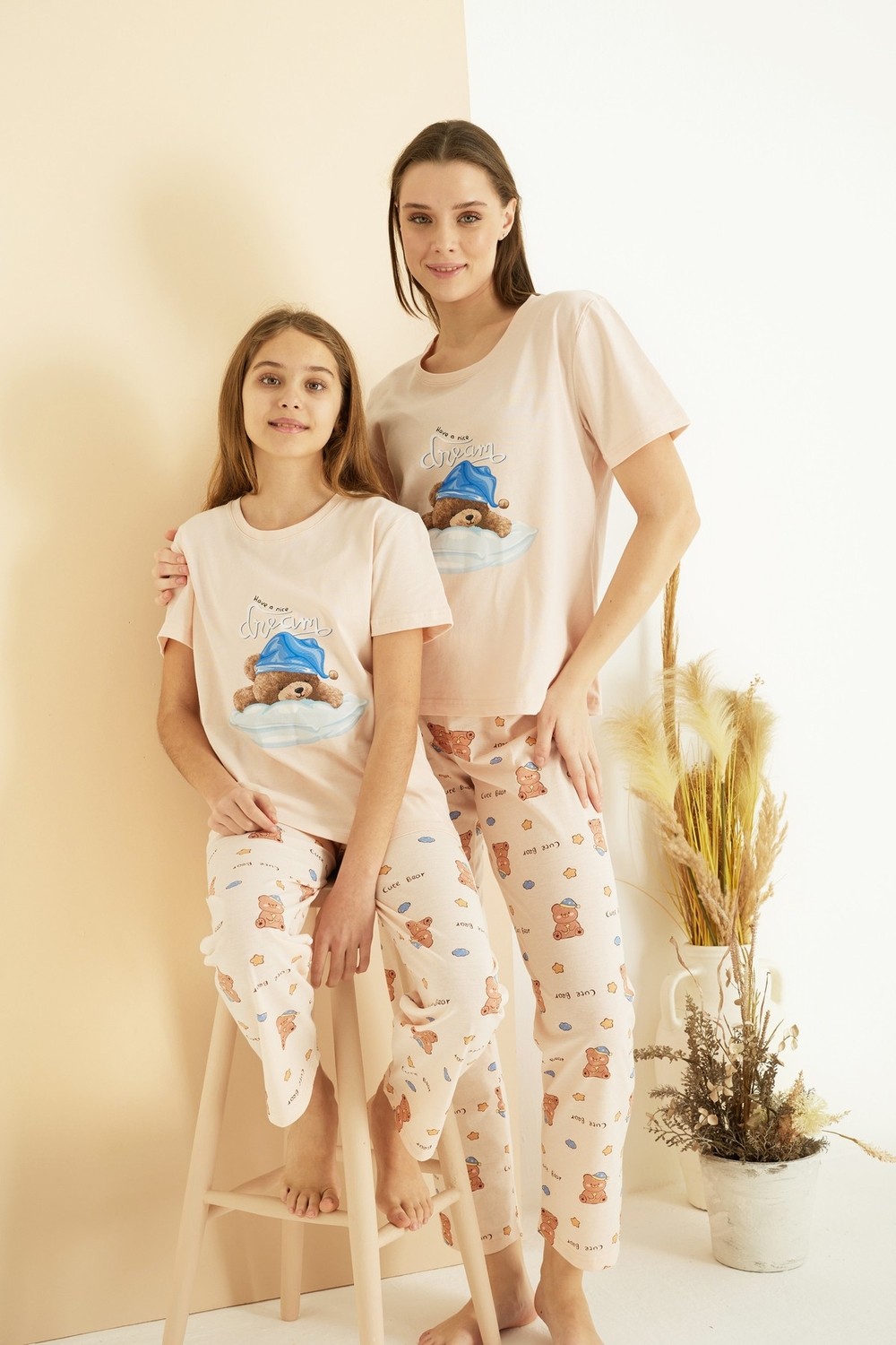 Siyah İnci Somon Desenli Pamuklu Bisiklet Yaka Örme Pijama TAKIM25107144