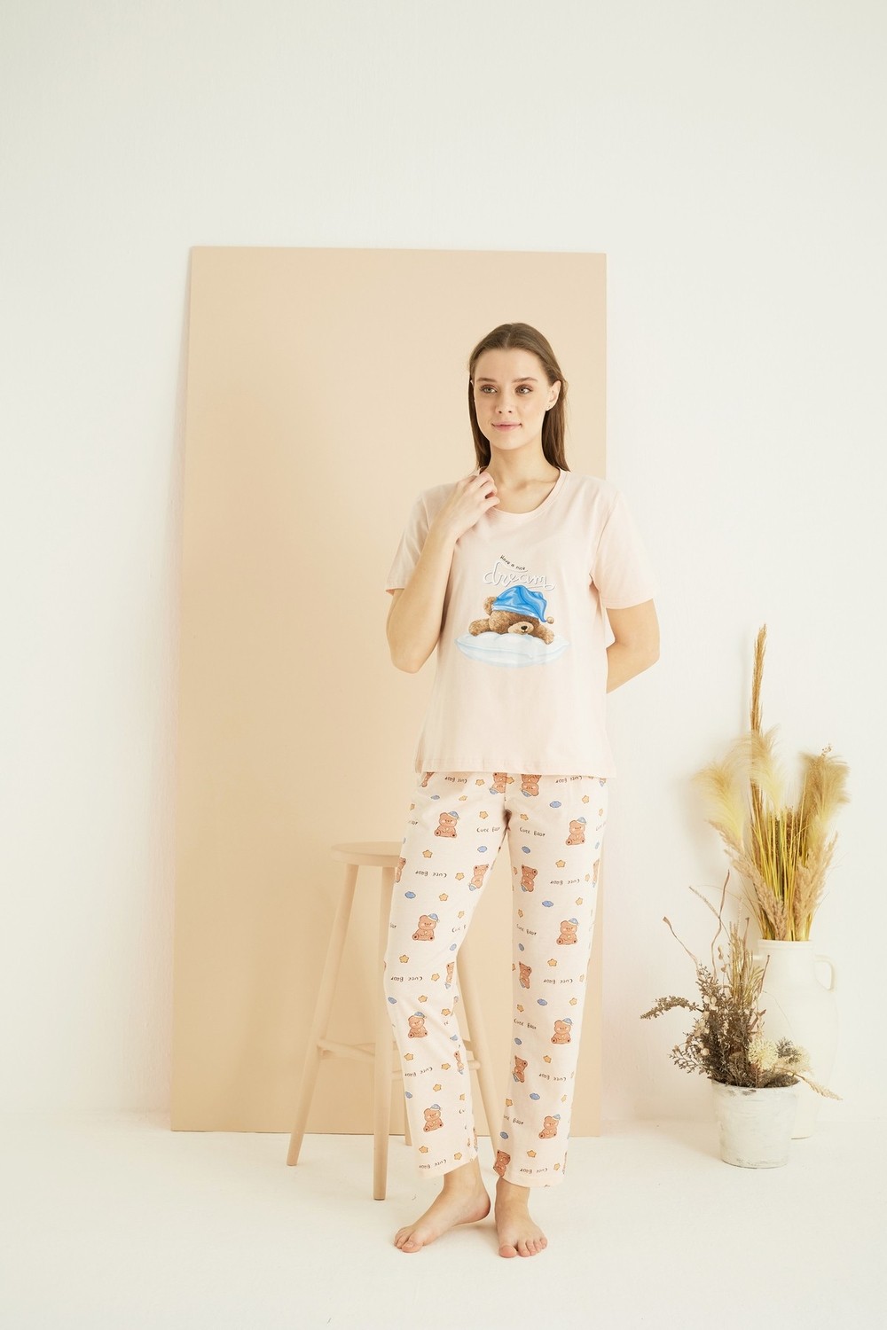 Siyah İnci Somon Desenli Pamuklu Bisiklet Yaka Örme Pijama TAKIM25107144 görsel 2