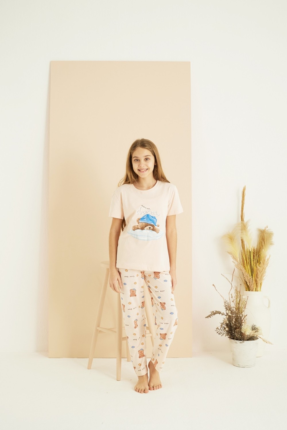 Siyah İnci Somon Desenli Pamuklu Bisiklet Yaka Örme Pijama TAKIM25107144 görsel 3