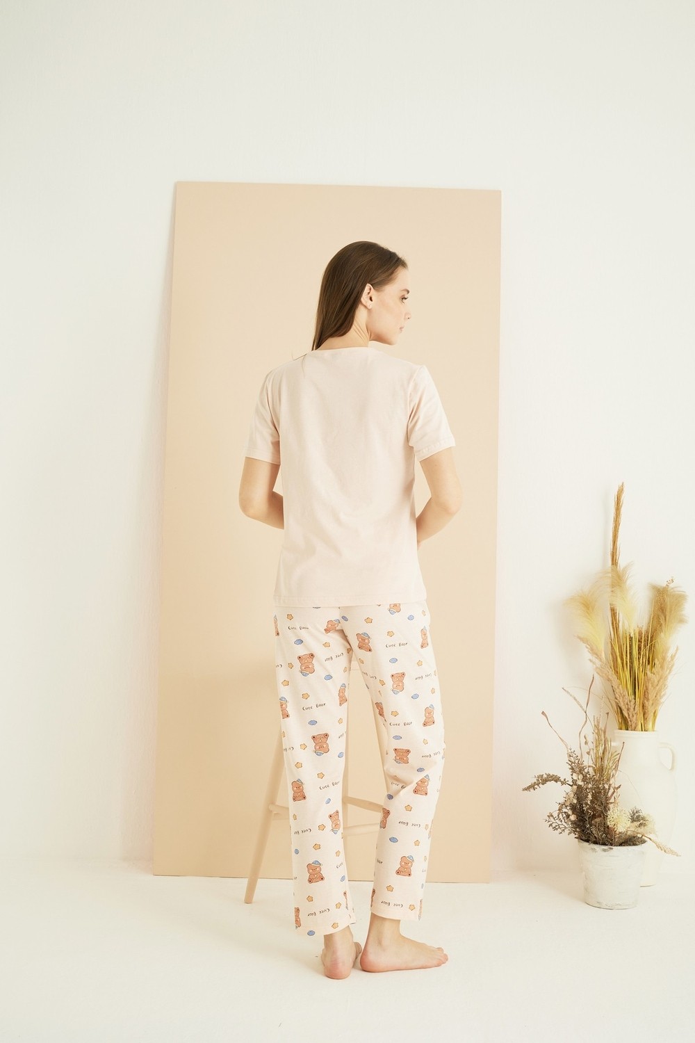 Siyah İnci Somon Desenli Pamuklu Bisiklet Yaka Örme Pijama TAKIM25107144 görsel 4