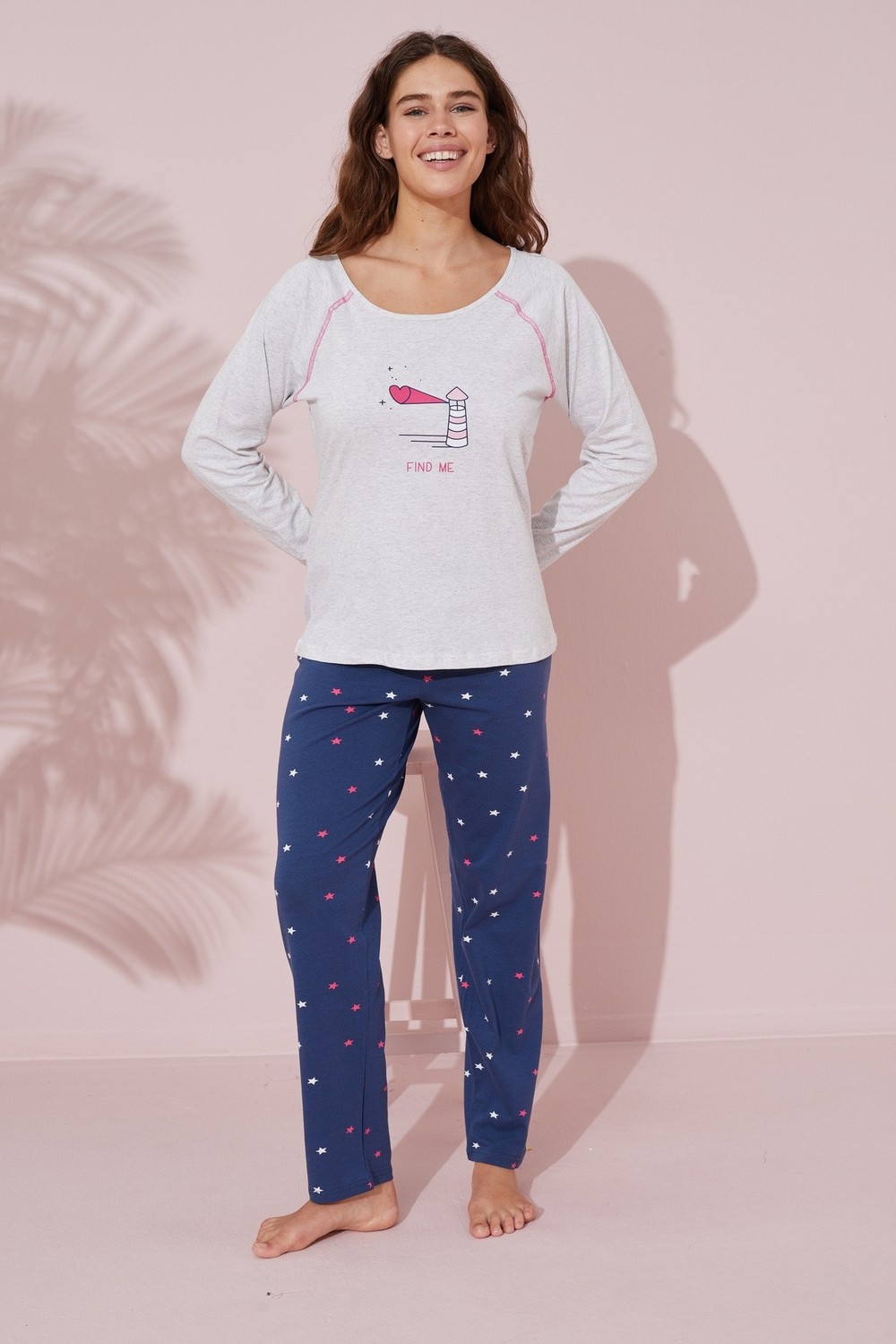 Siyah İnci Gri Baskılı Pamuklu Örme Pijama Takım 24241111 görsel 2