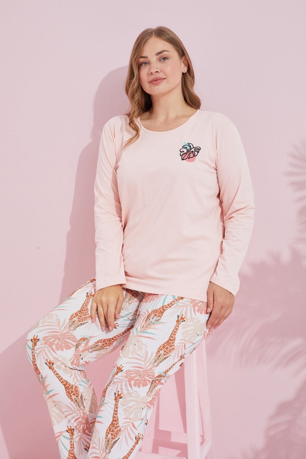 Siyah İnci Somon Çokrenkli Pamuklu Curve Büyük Beden Battal Boy Örme Pijama TAKIM24240729