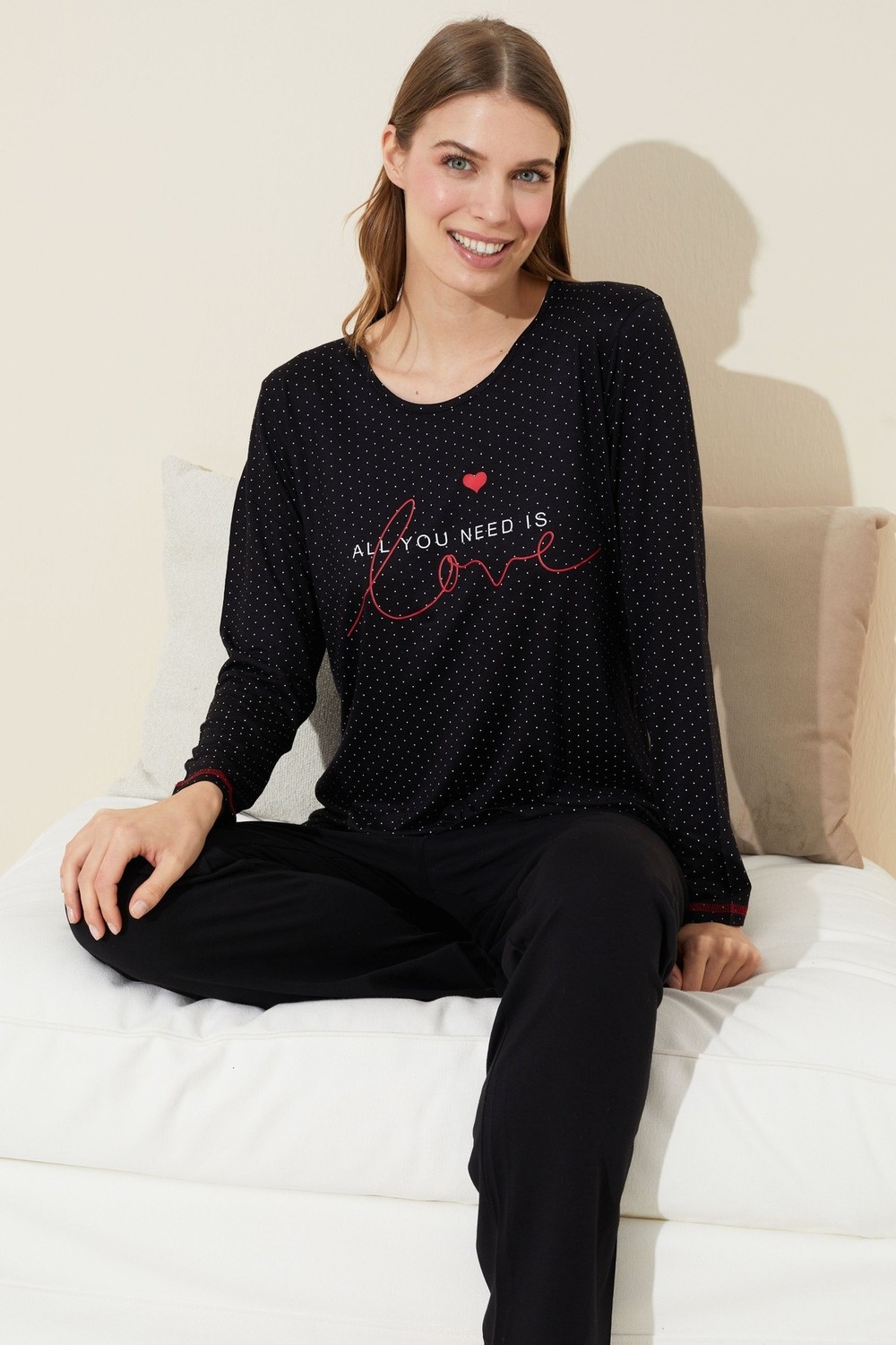 Siyah İnci Siyah Baskılı Pamuklu Örme Pijama Takım 24240116