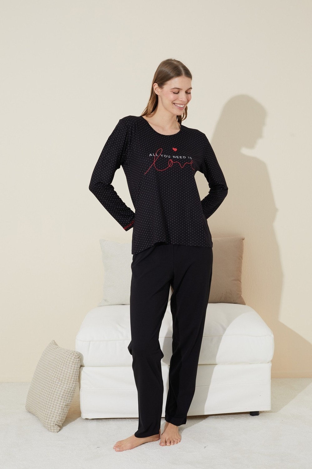 Siyah İnci Siyah Baskılı Pamuklu Örme Pijama Takım 24240116 görsel 2