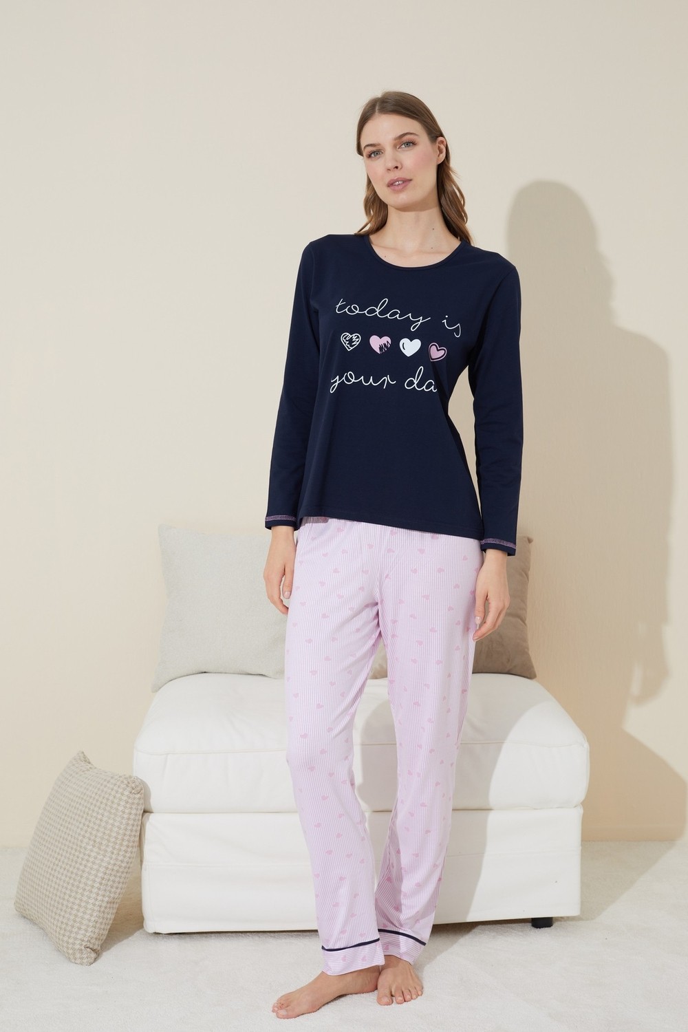 Siyah İnci Lacivert Baskılı Pamuklu Örme Pijama Takım 24240096 görsel 2