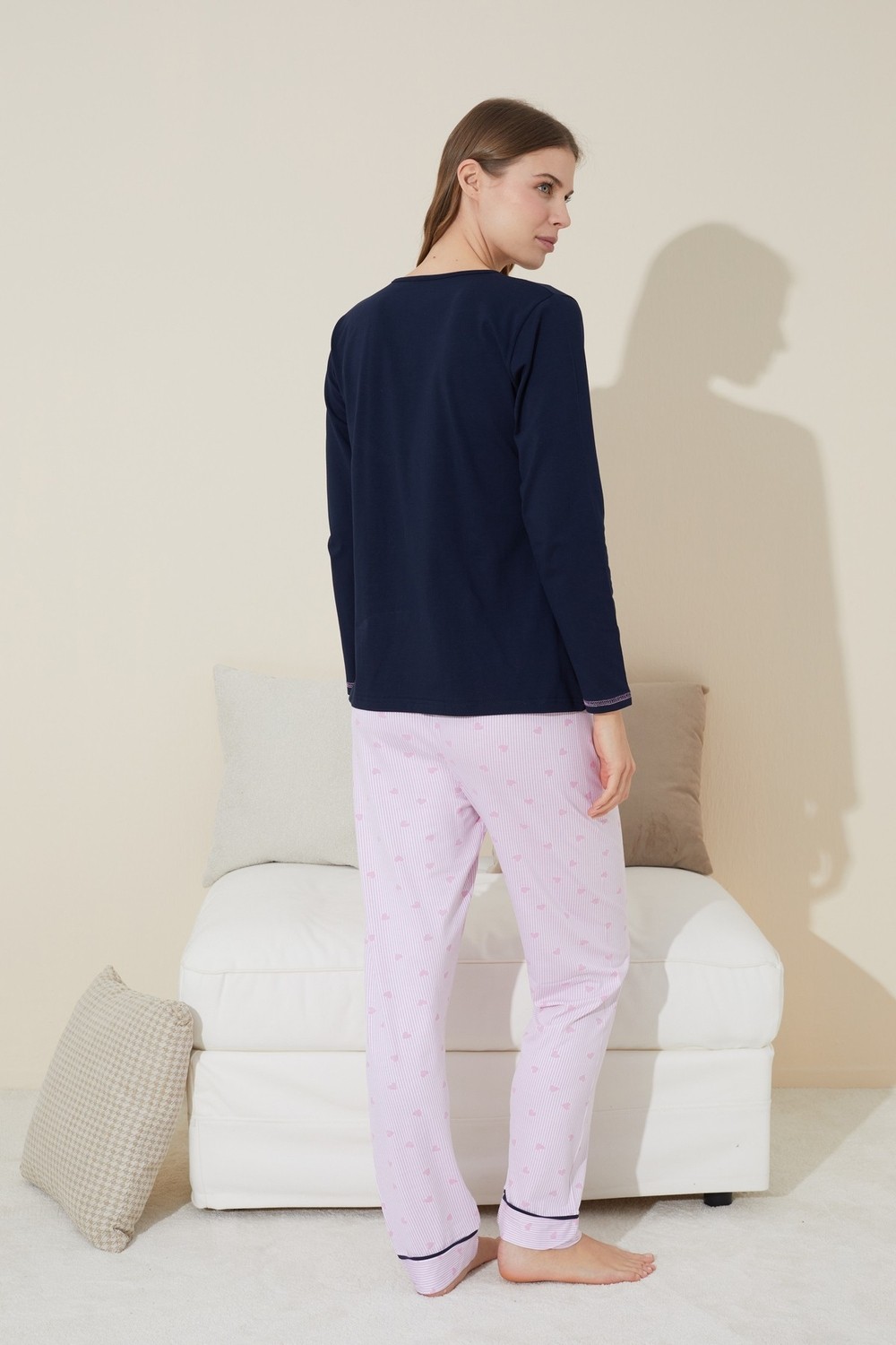 Siyah İnci Lacivert Baskılı Pamuklu Örme Pijama Takım 24240096 görsel 3
