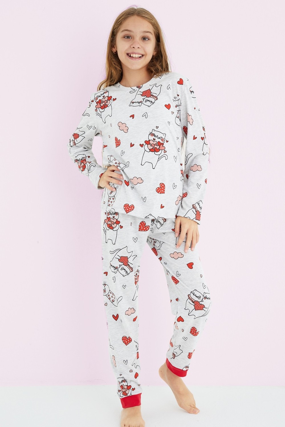 Siyah İnci Kız Çocuk Gri Renkli Desenli Pamuklu Pijama Takım 24225705
