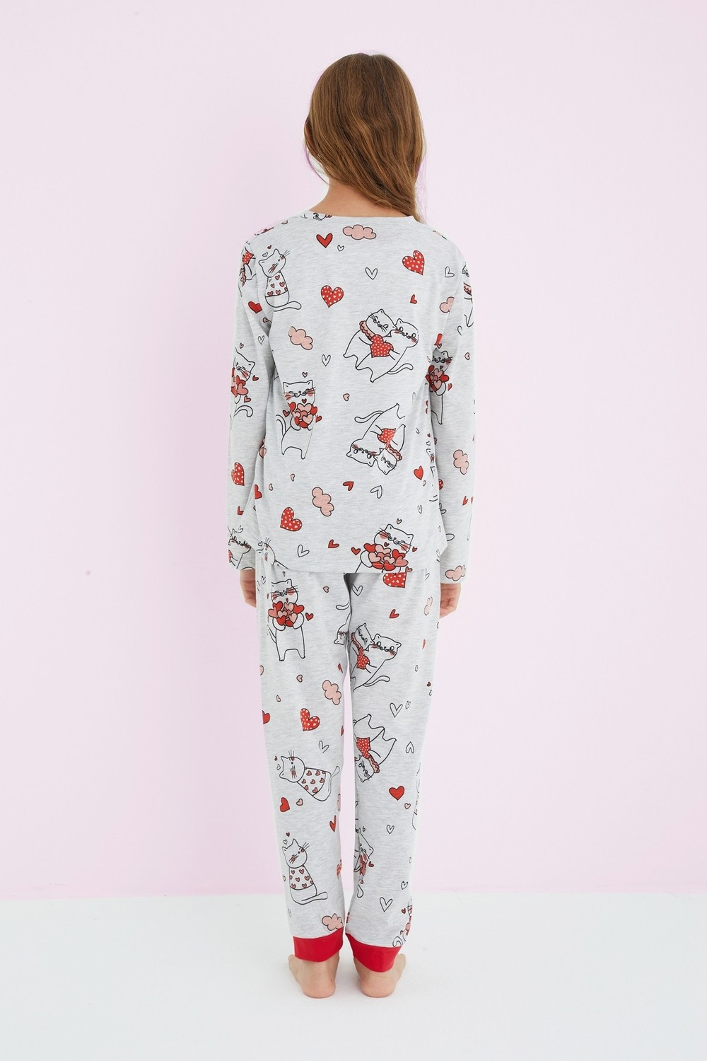 Siyah İnci Kız Çocuk Gri Renkli Desenli Pamuklu Pijama Takım 24225705 görsel 2