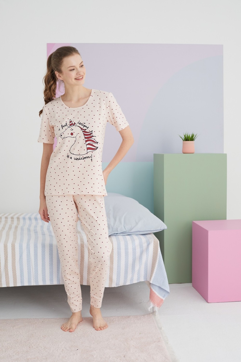 Siyah İnci Çok Renkli Pamuklu Örme Pijama Takım görsel 2