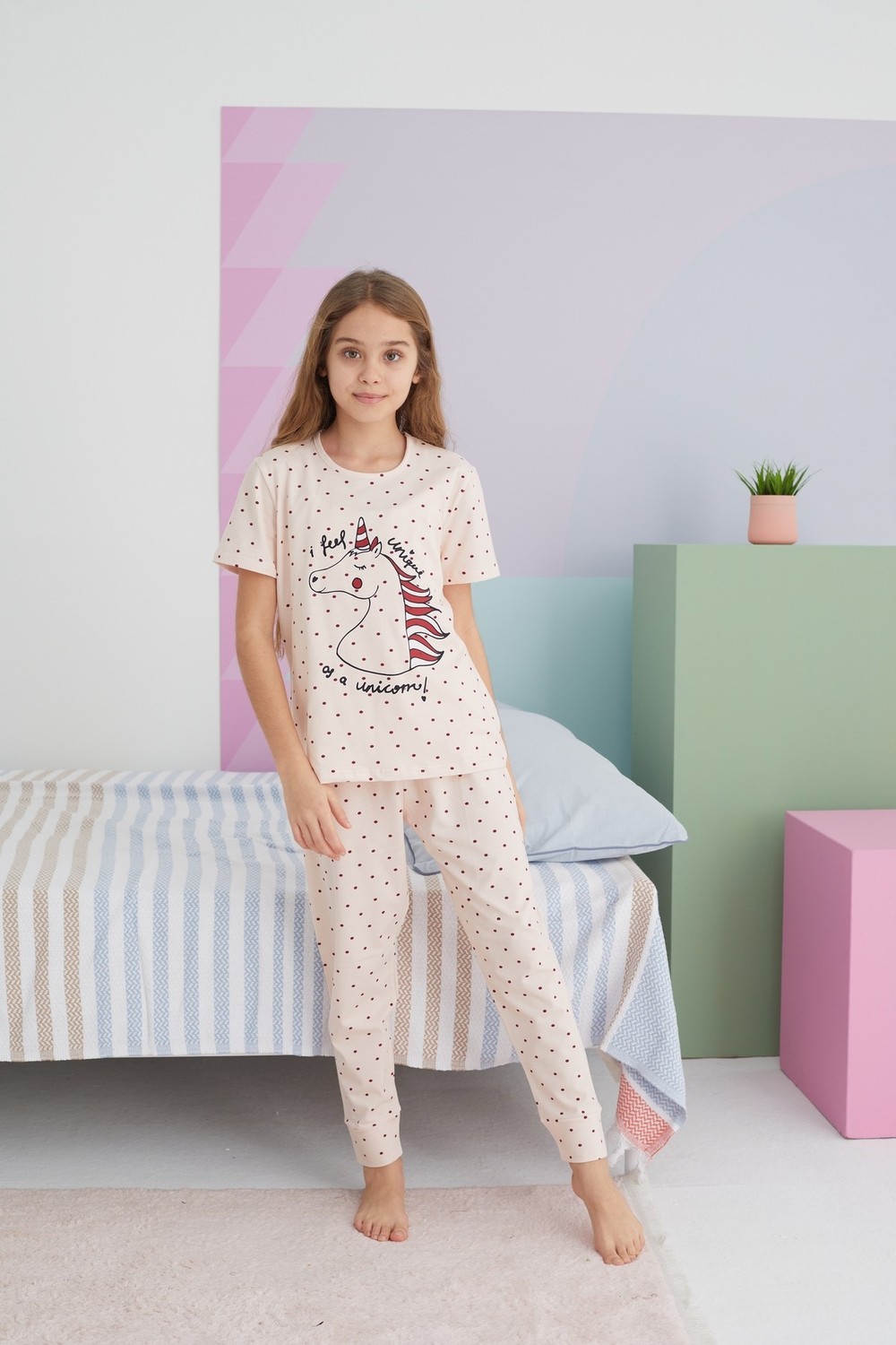 Siyah İnci Çok Renkli Pamuklu Örme Pijama Takım görsel 3
