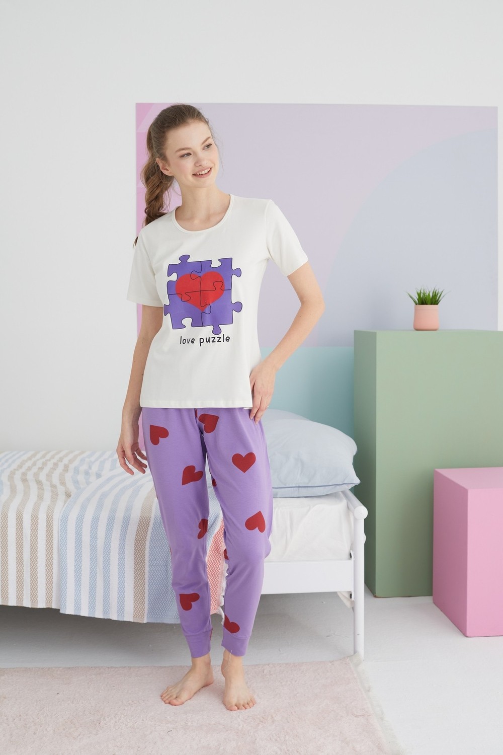 Siyah İnci Çok Renkli Pamuklu Örme Pijama Takım görsel 2