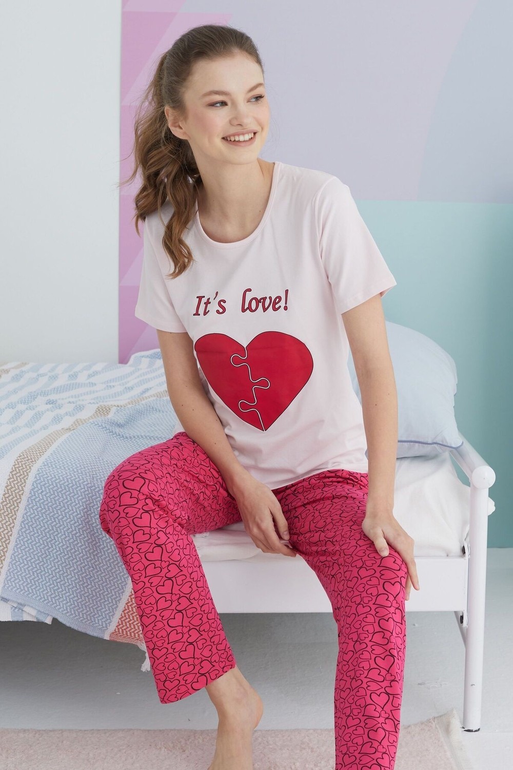 Siyah İnci Çok Renkli Pamuklu Örme Pijama Takım