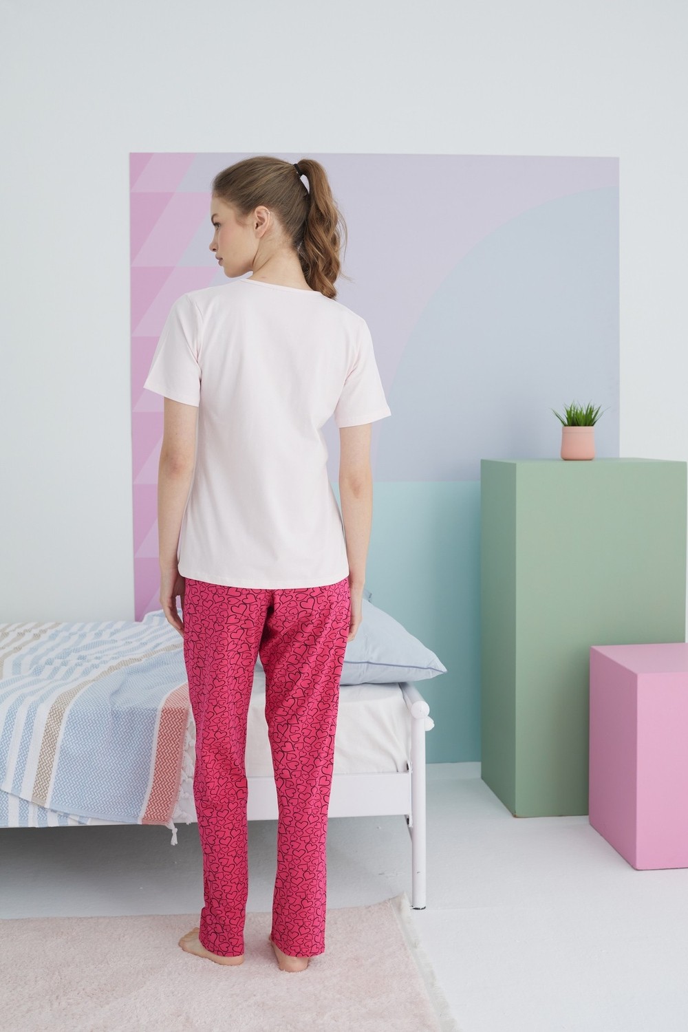 Siyah İnci Çok Renkli Pamuklu Örme Pijama Takım görsel 3