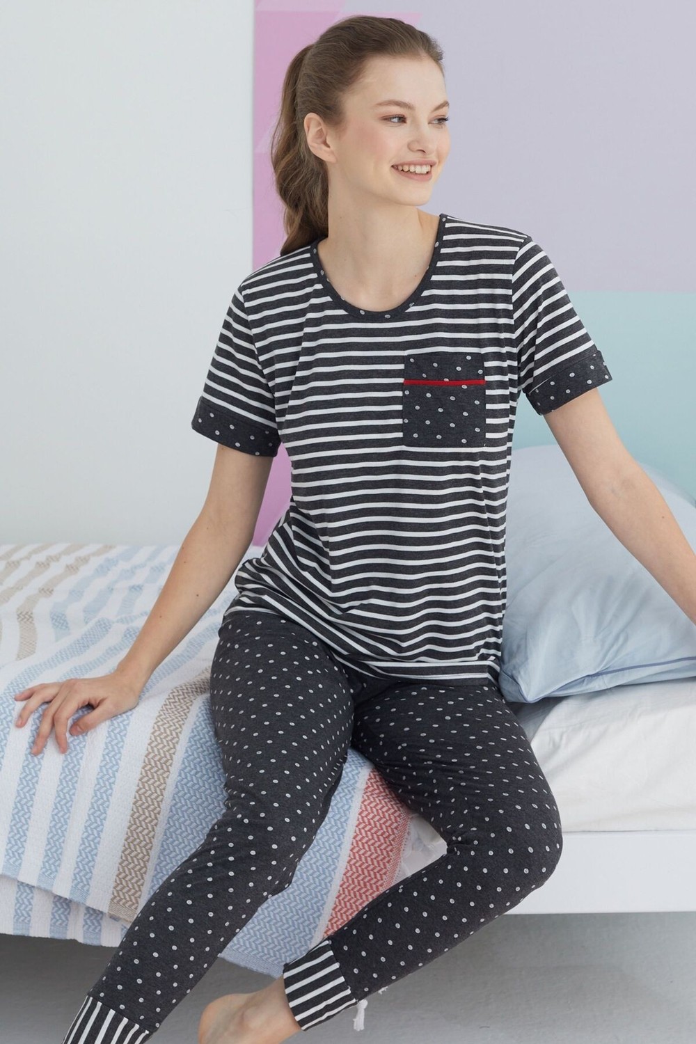Siyah İnci Çok Renkli Pamuklu Örme Pijama Takım