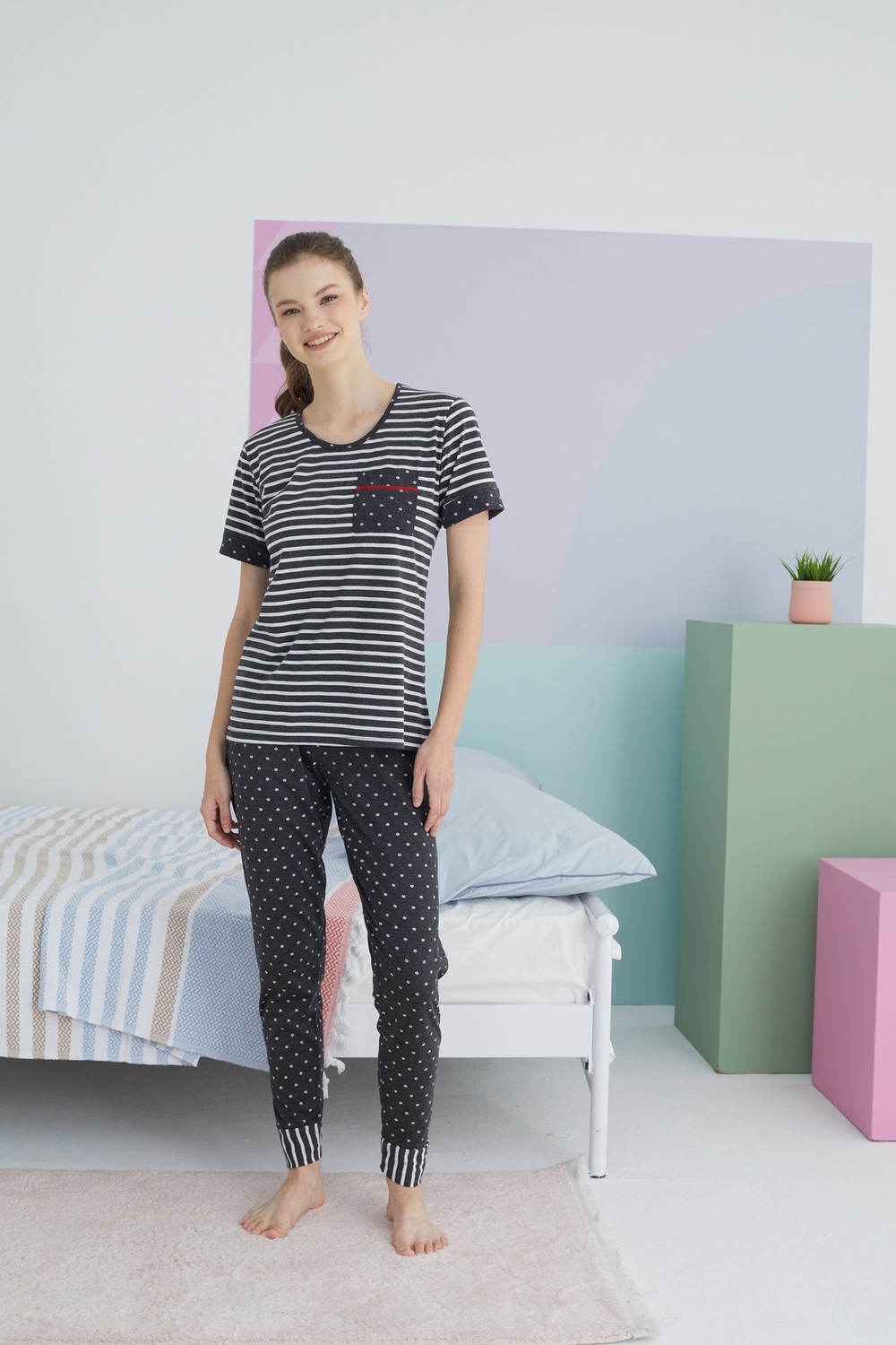 Siyah İnci Çok Renkli Pamuklu Örme Pijama Takım görsel 2