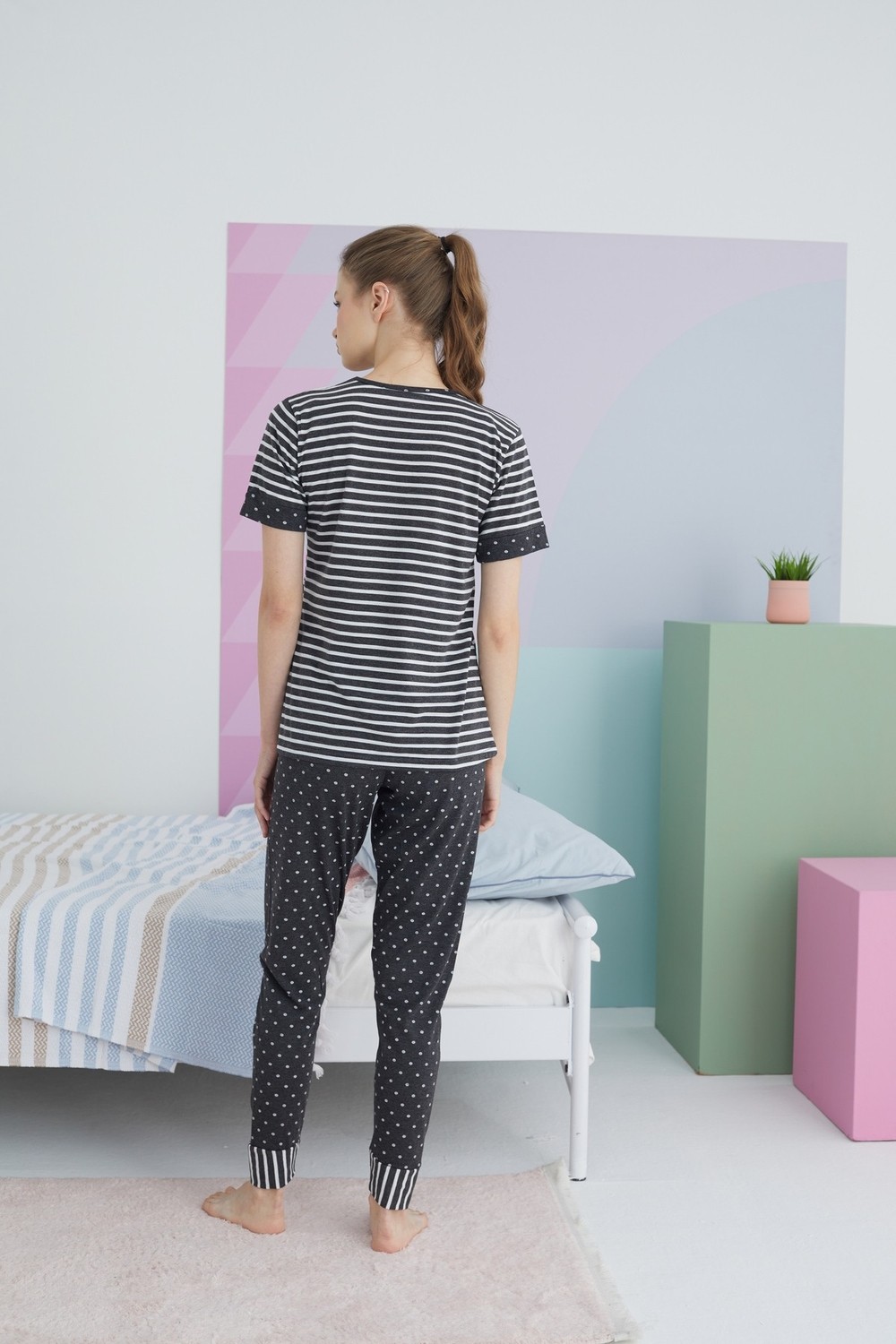 Siyah İnci Çok Renkli Pamuklu Örme Pijama Takım görsel 3