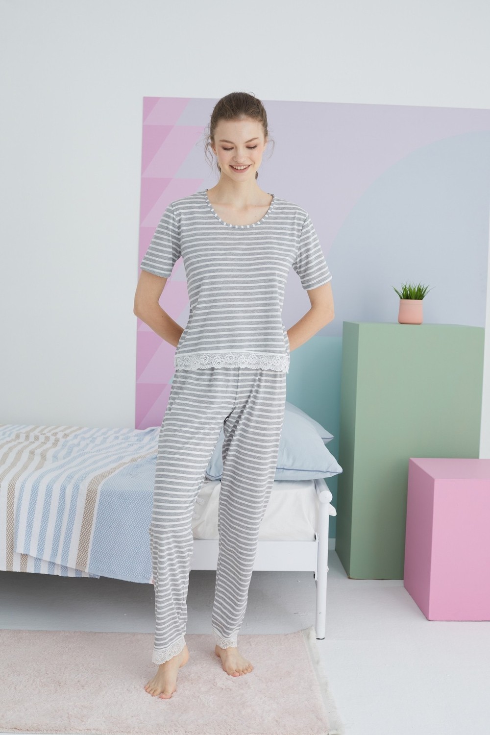 Siyah İnci Gri Pamuklu Örme Pijama Takım