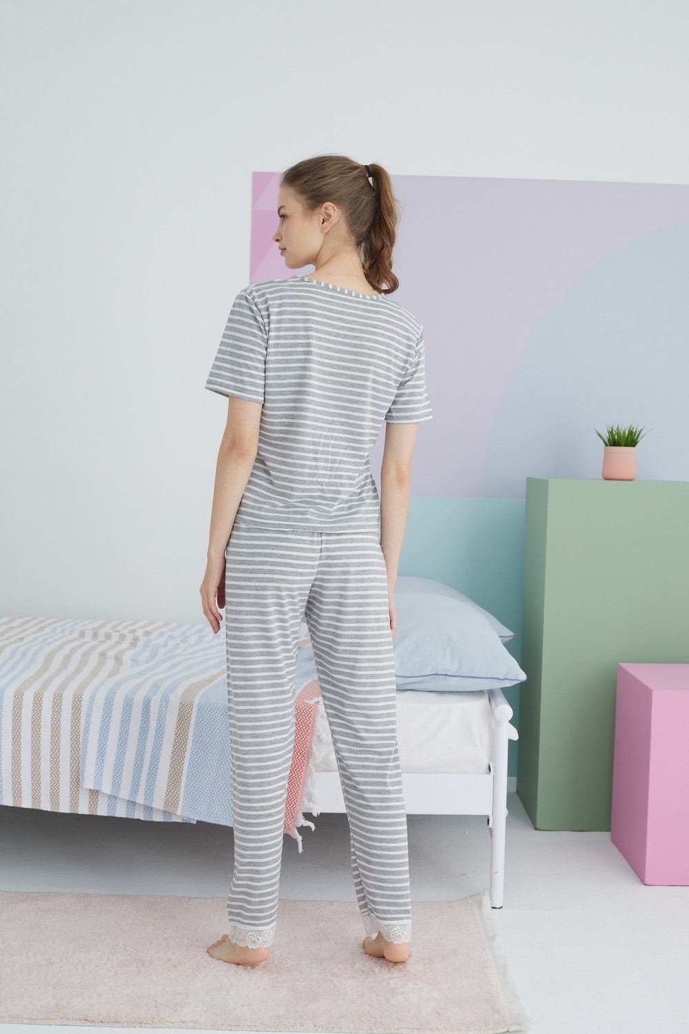 Siyah İnci Gri Pamuklu Örme Pijama Takım görsel 2