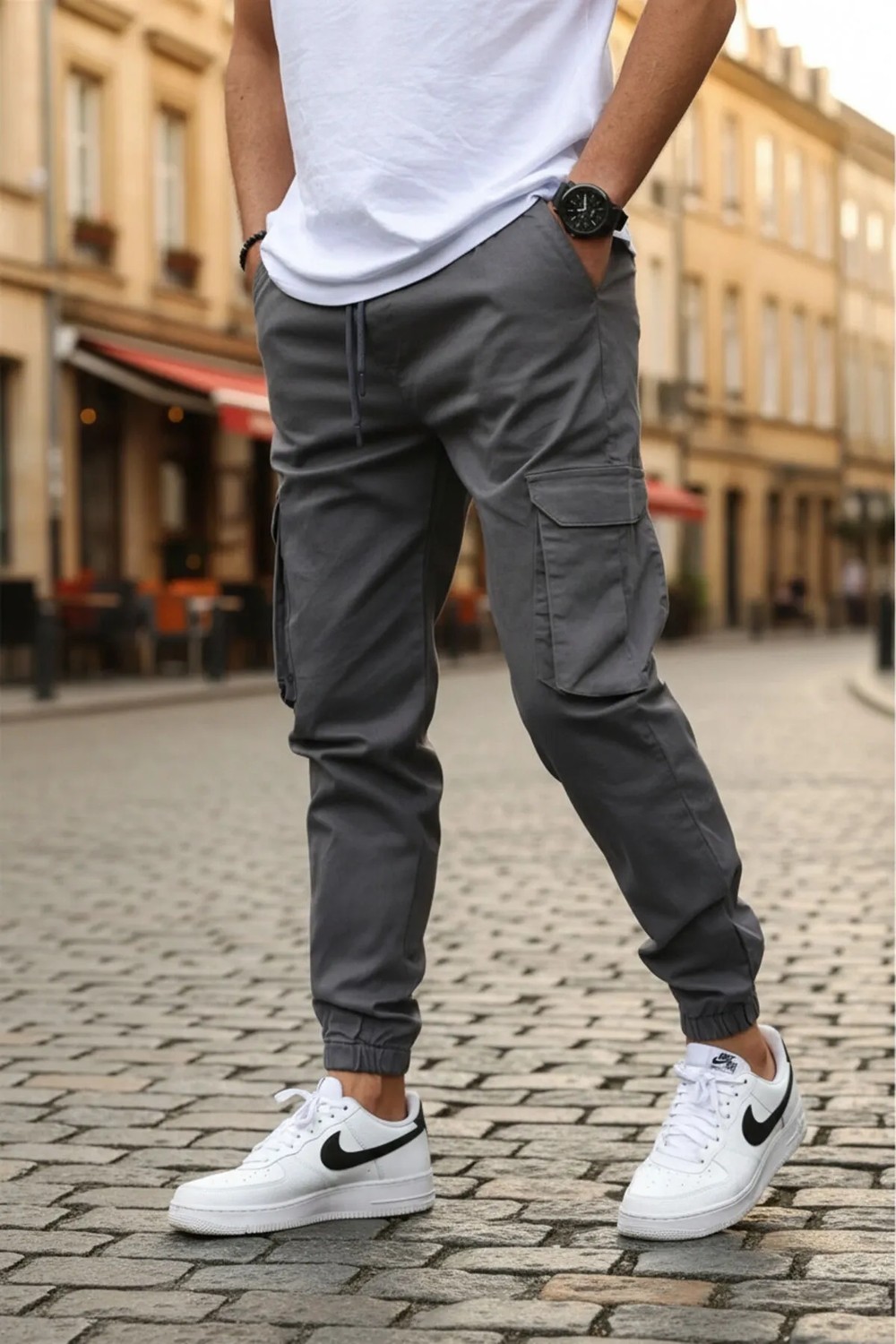 Vikunya Erkek Jogger Füme Pamuklu Likralı Cargo Beli ve Paçası Lastikli Kargo Cepli Pantolon görsel 6