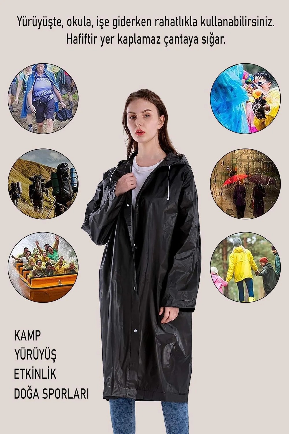 By Marine Kadın Erkek Yağmurluk Kapüşonlu Çıtçıtlı Eva Siyah Su Rüzgar Geçirmez Yağmurluk BYMMRC881R03 görsel 6