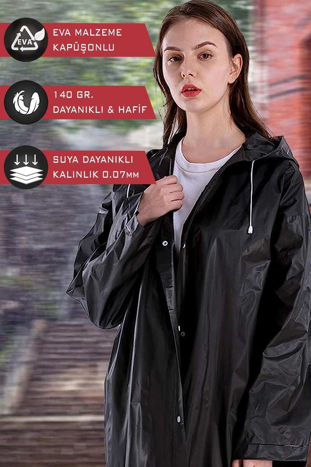 By Marine Kadın Erkek Yağmurluk Kapüşonlu Çıtçıtlı Eva Siyah Su Rüzgar Geçirmez Yağmurluk BYMMRC881R03 görsel 7