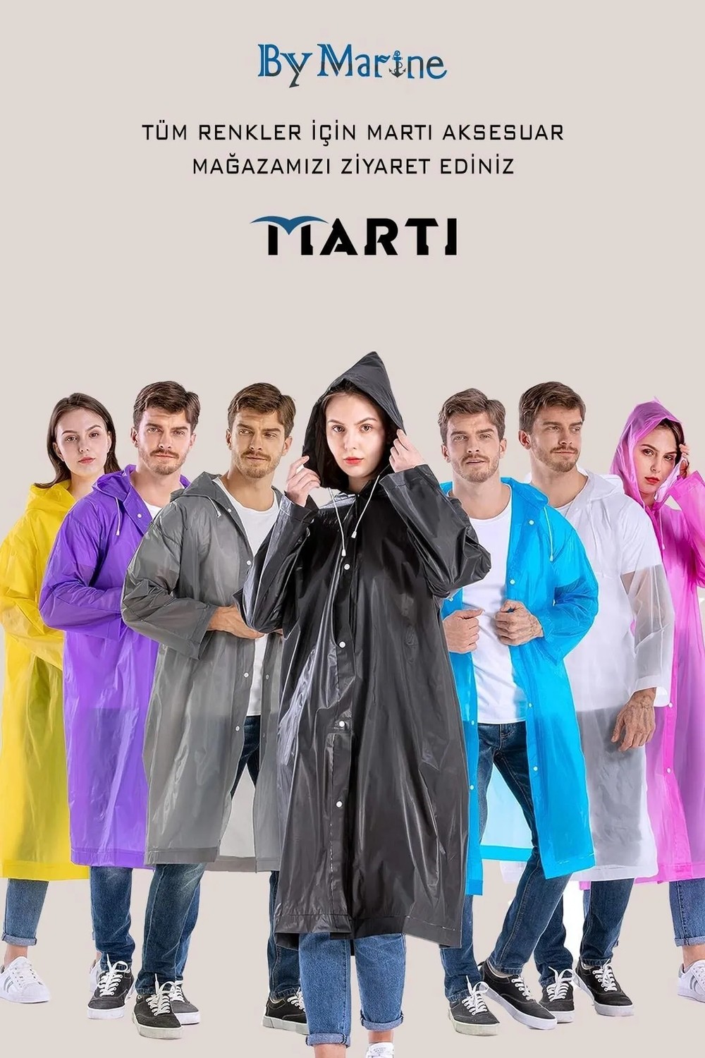 By Marine Kadın Erkek Yağmurluk Kapüşonlu Çıtçıtlı Eva Siyah Su Rüzgar Geçirmez Yağmurluk BYMMRC881R03 görsel 8